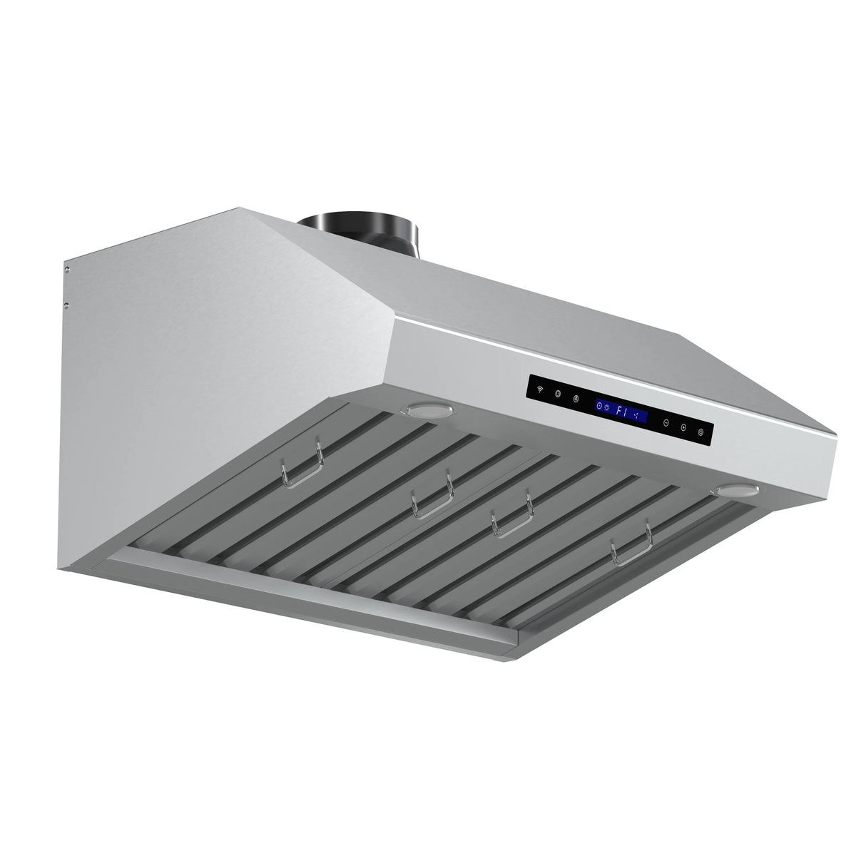 Stainless steel range hood with control strip and open vent grille