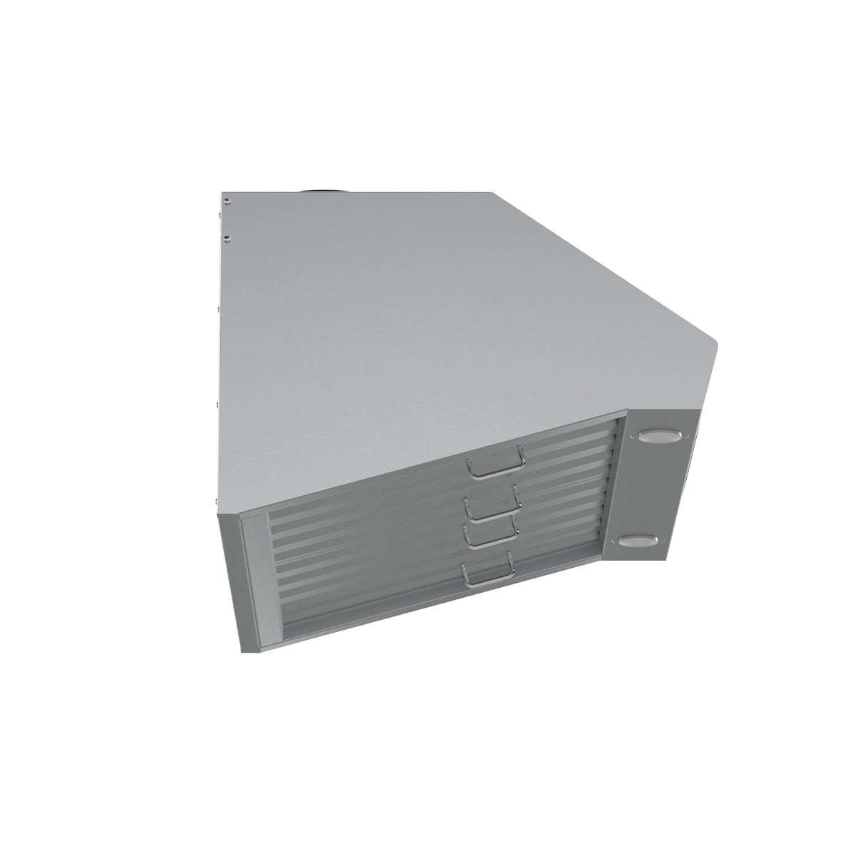 Stainless steel under-cabinet range hood underside with vent baffles and side bracket