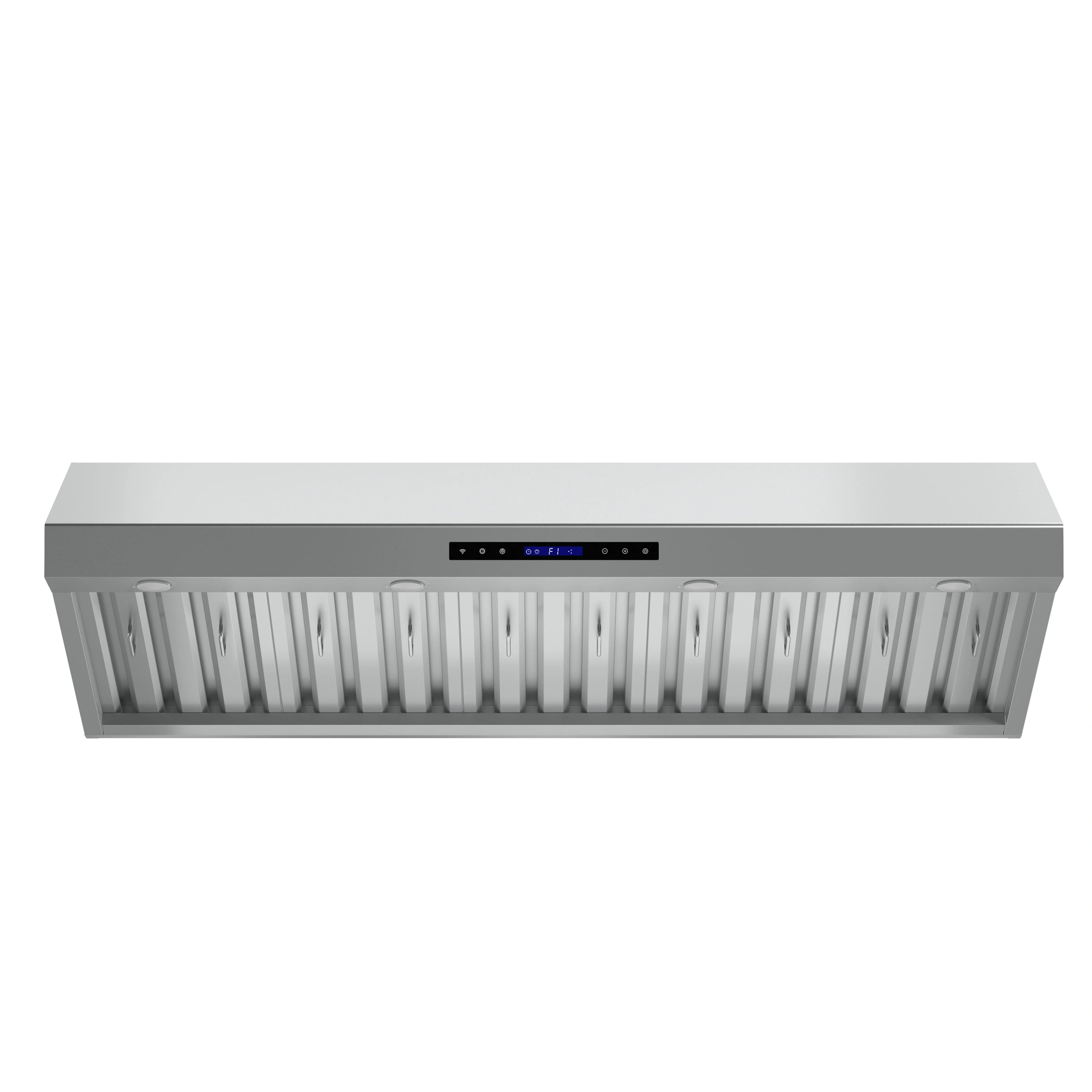 Stainless steel under-cabinet range hood with front grille and control panel
