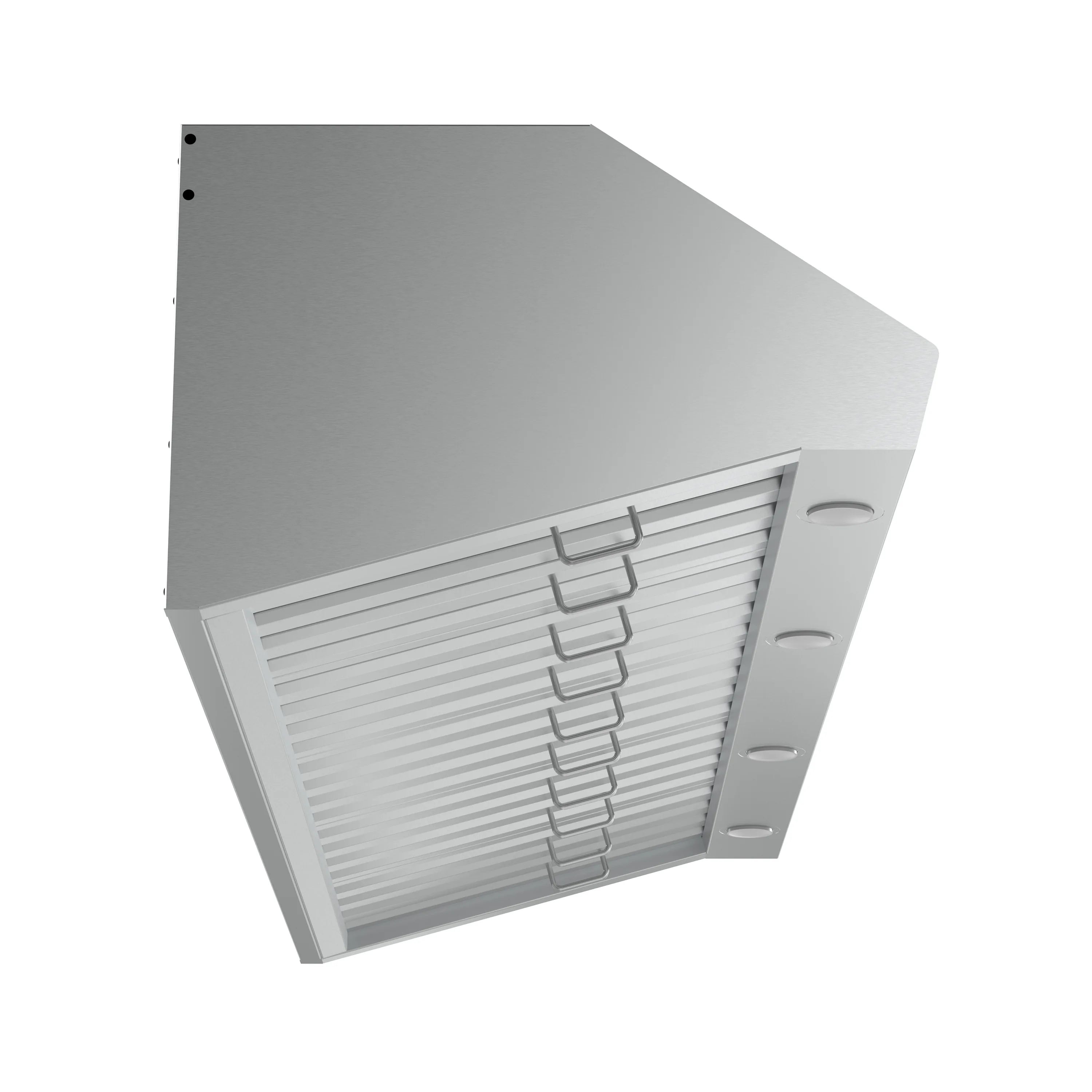Stainless steel under-cabinet range hood showing side profile and baffle filters