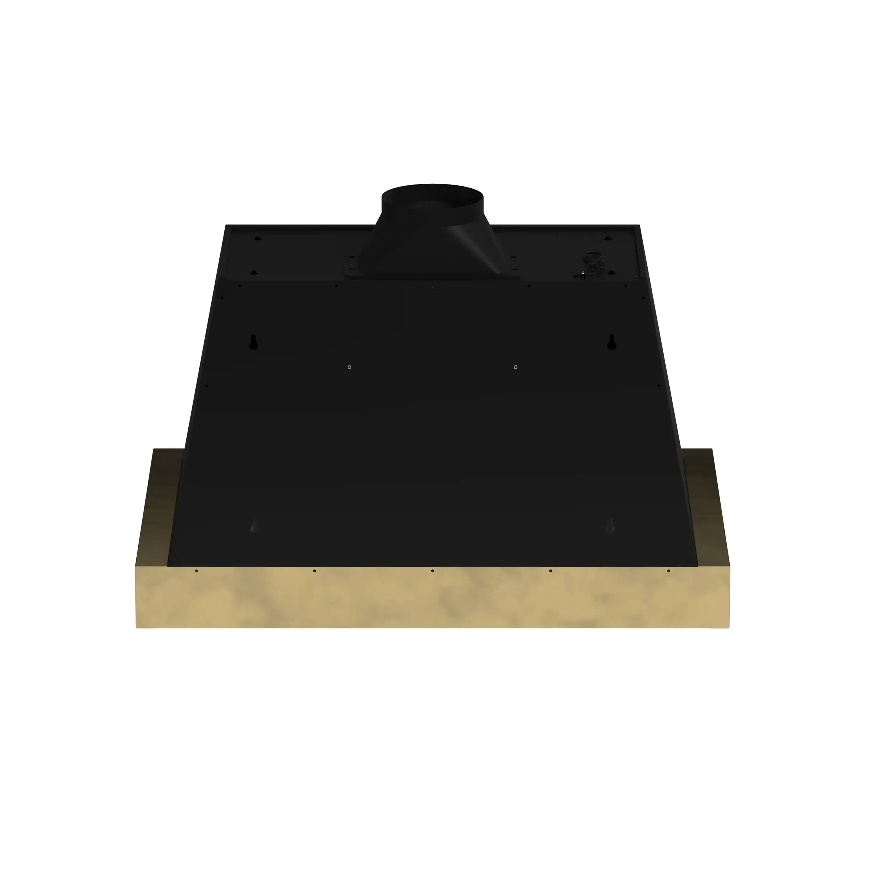 Black range hood with antique-brass trim and chimney flue collar, side view