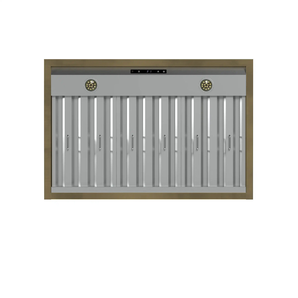 Slotted vent hood front with two round light modules and antique brass trim