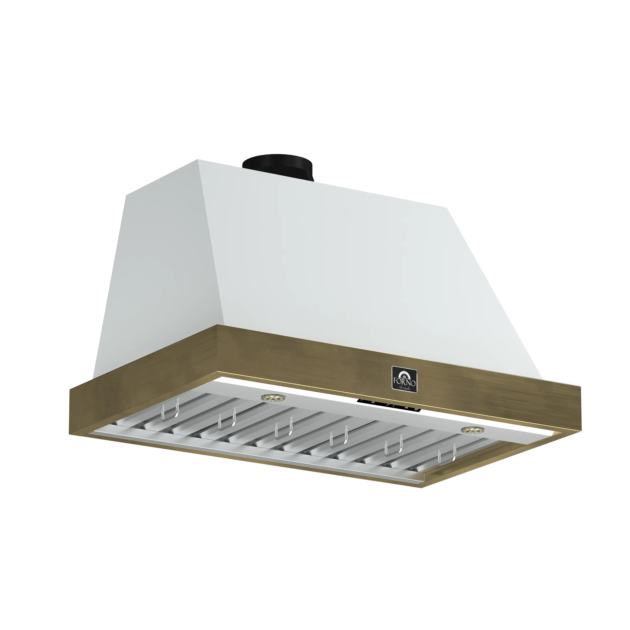 Wall mount range hood with white canopy, antique brass trim, and open vent baffle area