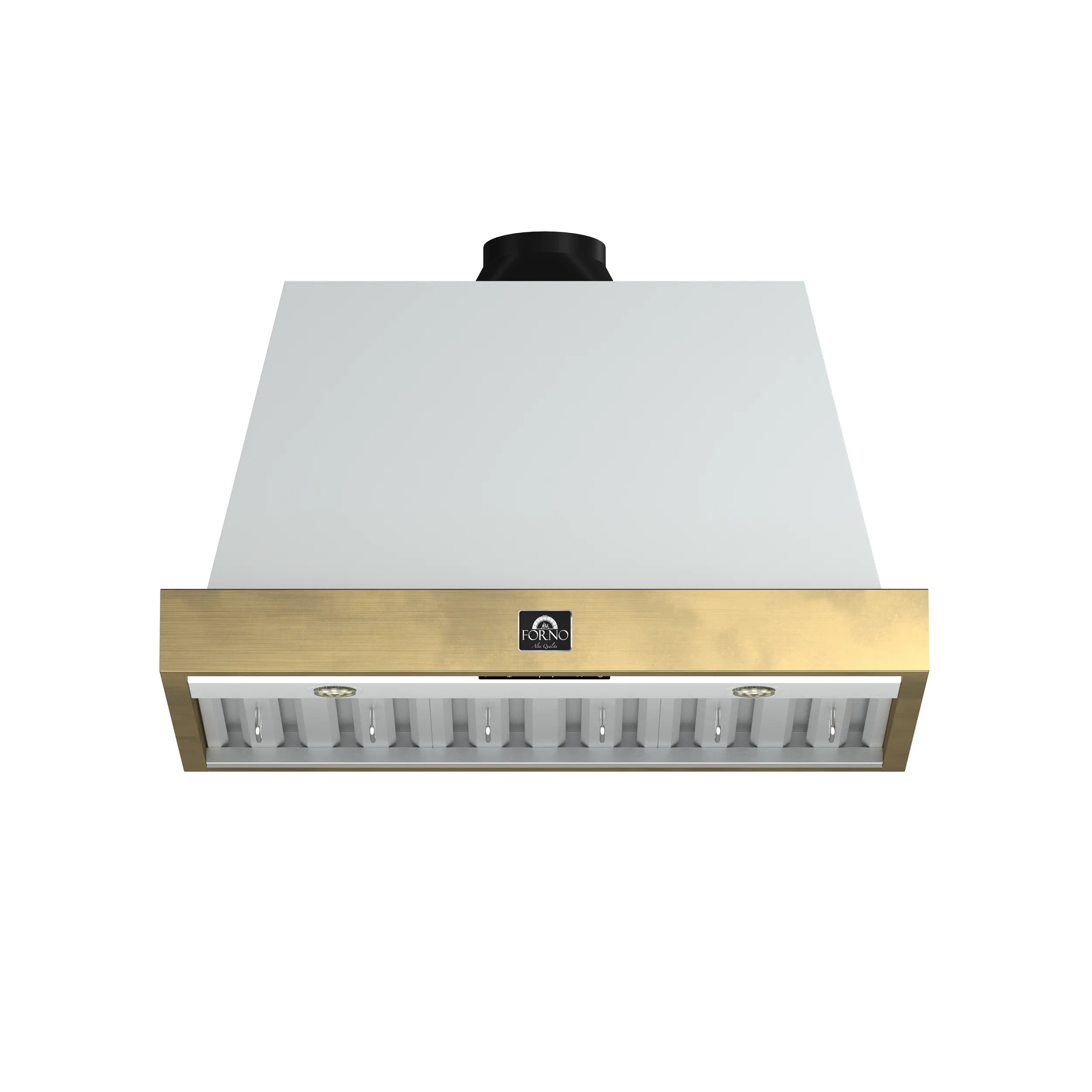 Front view of white range hood with antique brass trim and visible internal lights