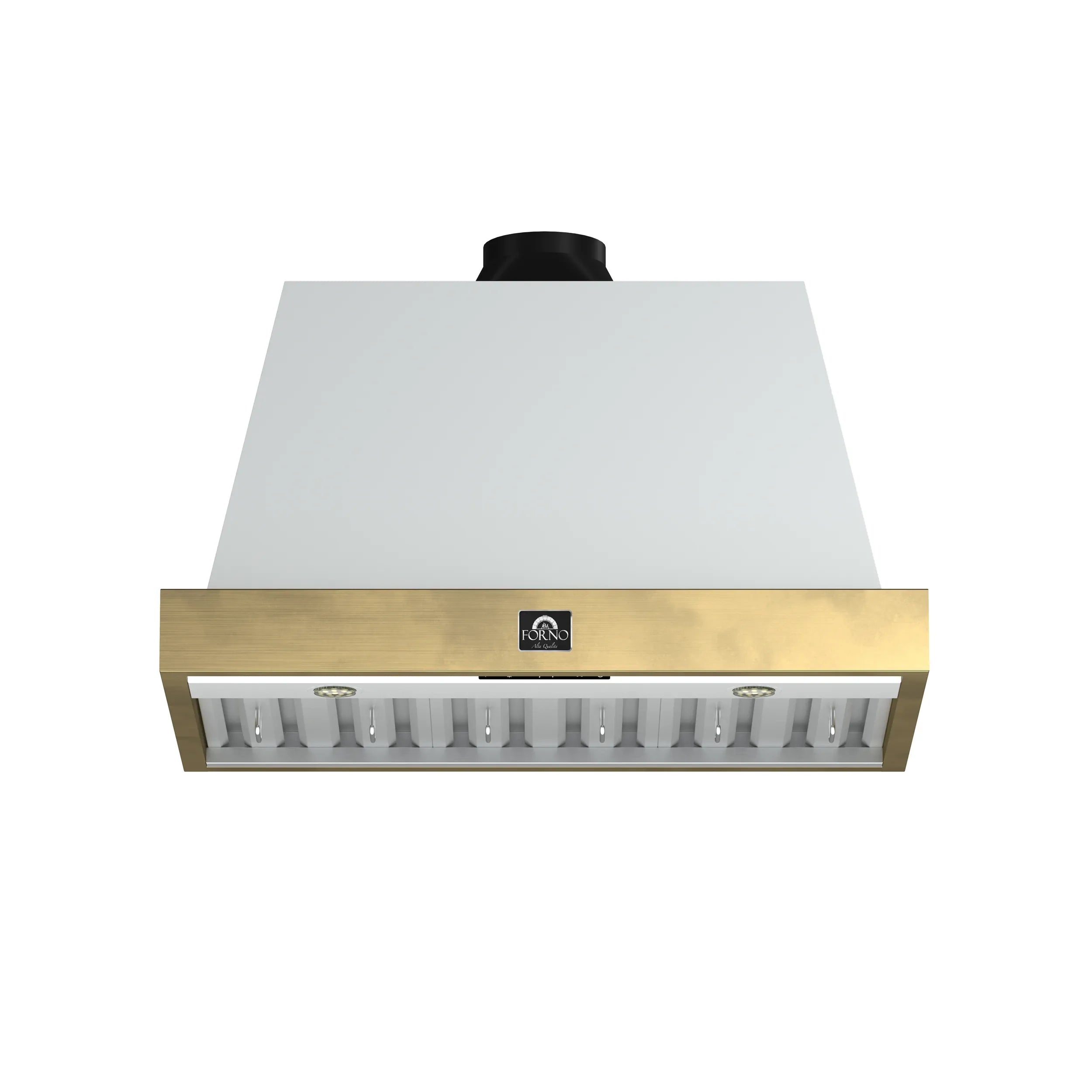 36-inch range hood in white with antique brass front trim and black duct