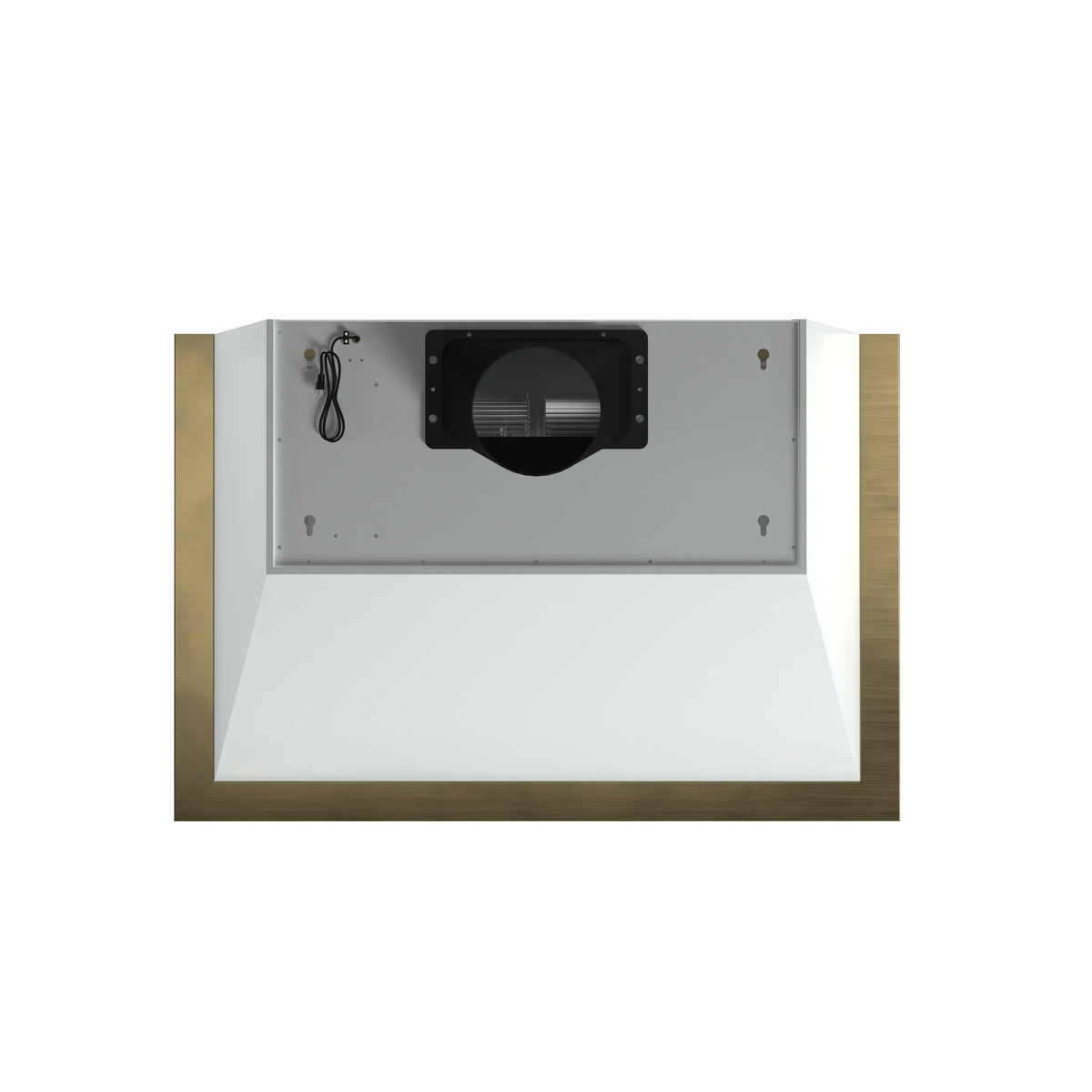 Under-cabinet microwave drawer in white with black vent opening and power cord