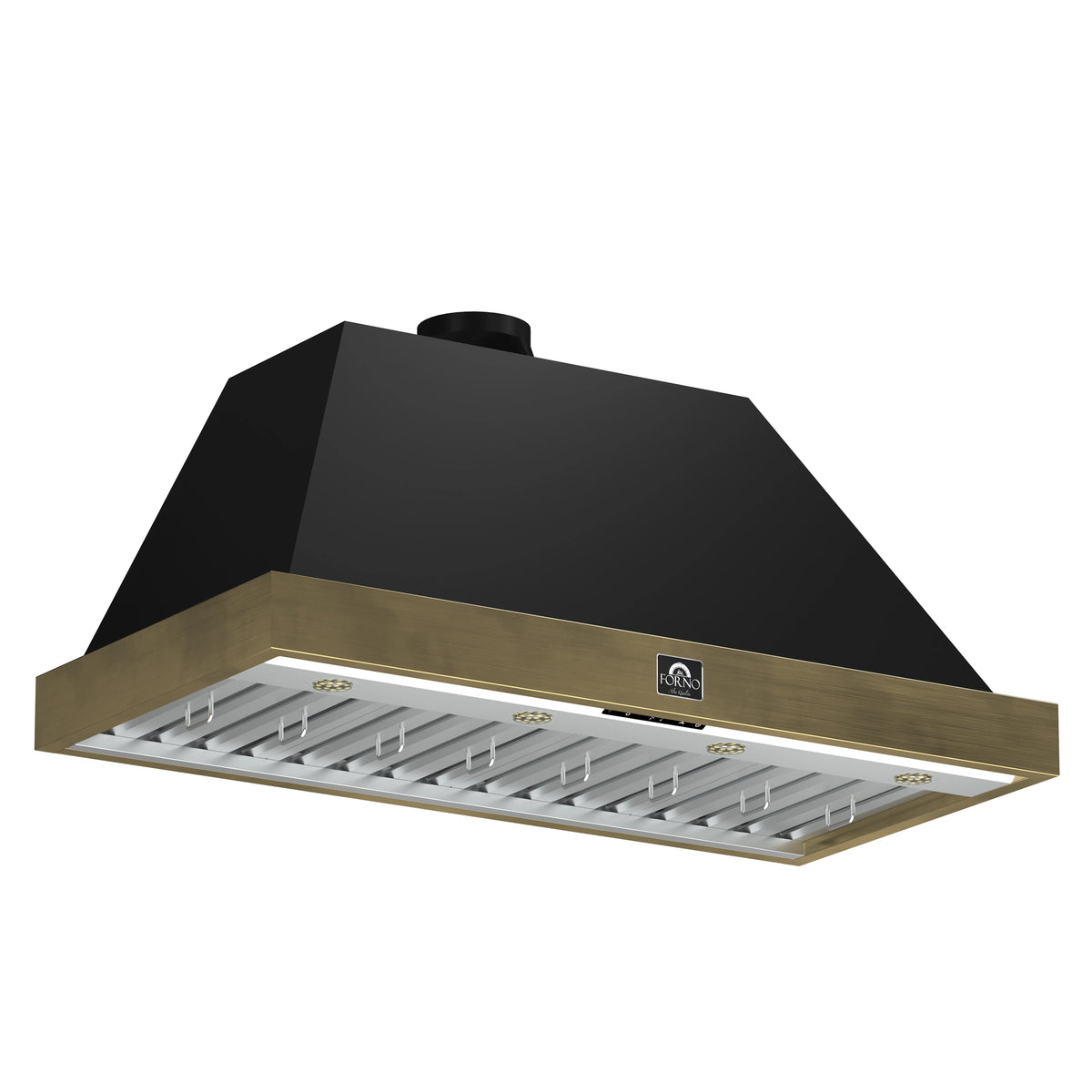 Black wall mount range hood with antique brass trim and illuminated vented filter deck.