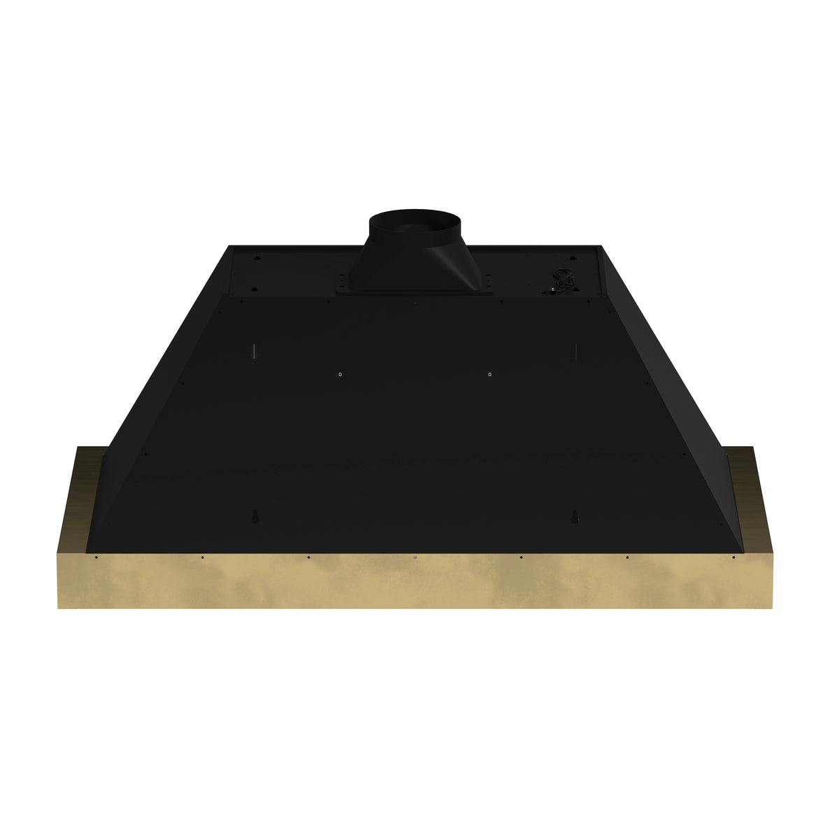 Range hood underside housing in black with antique brass edge trim and central duct collar.