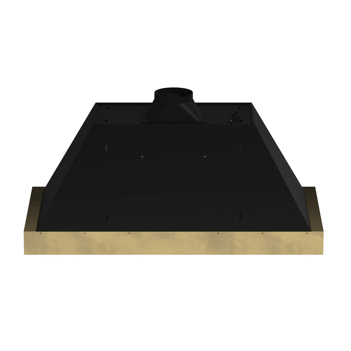 Black range hood top view with antique brass side trim