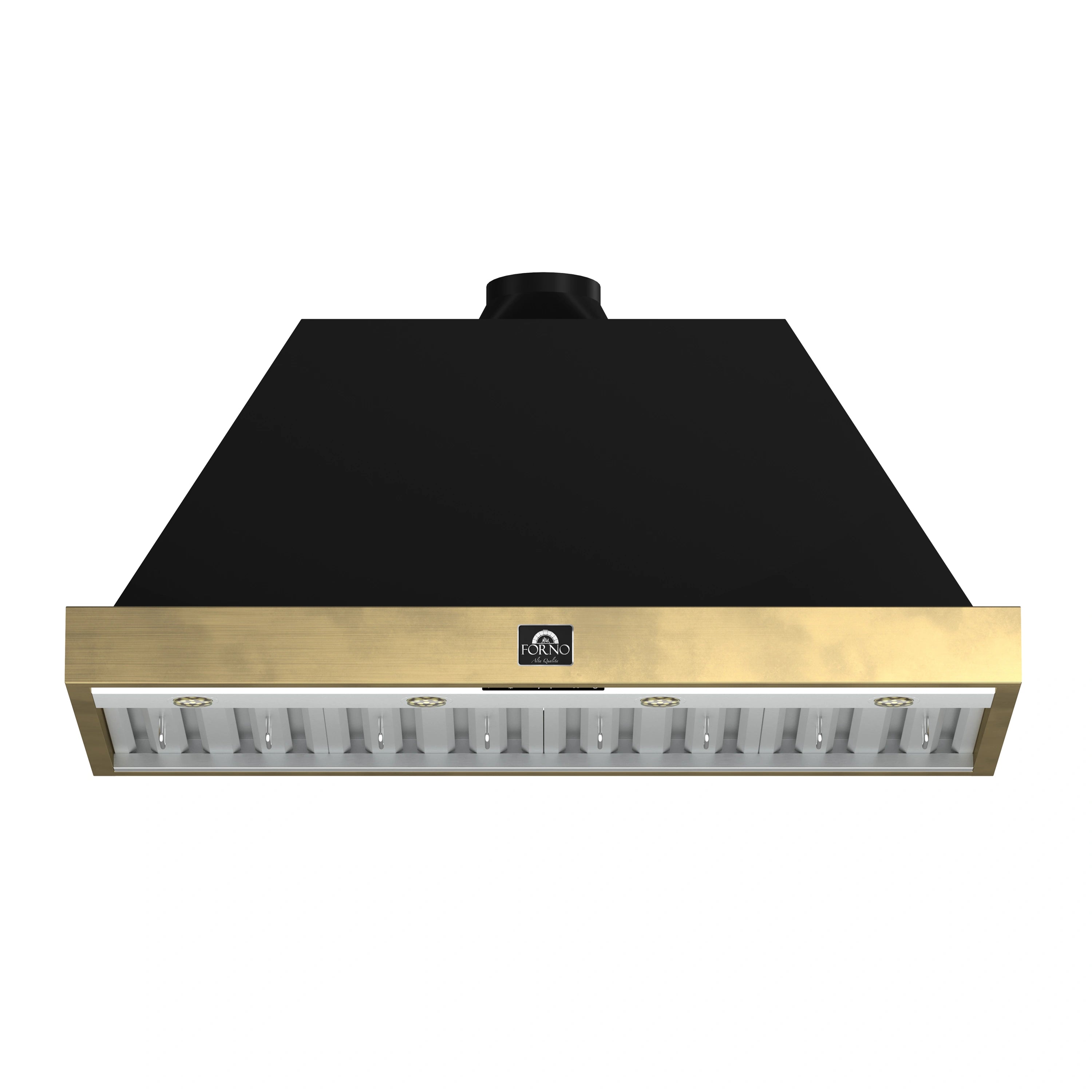 Black wall mount range hood with antique brass trim and row of recessed light bulbs.
