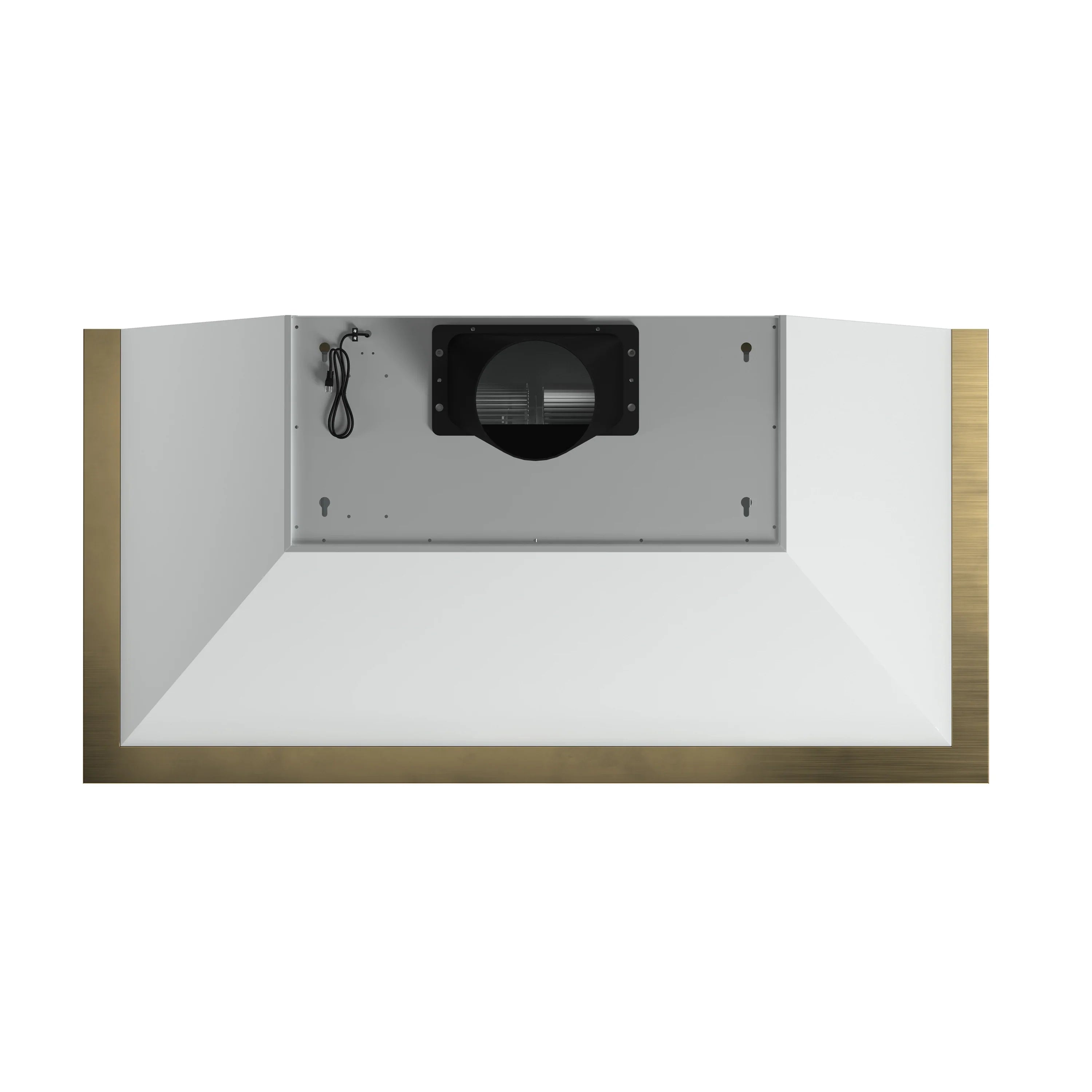 White range hood interior with black blower opening and mounting brackets