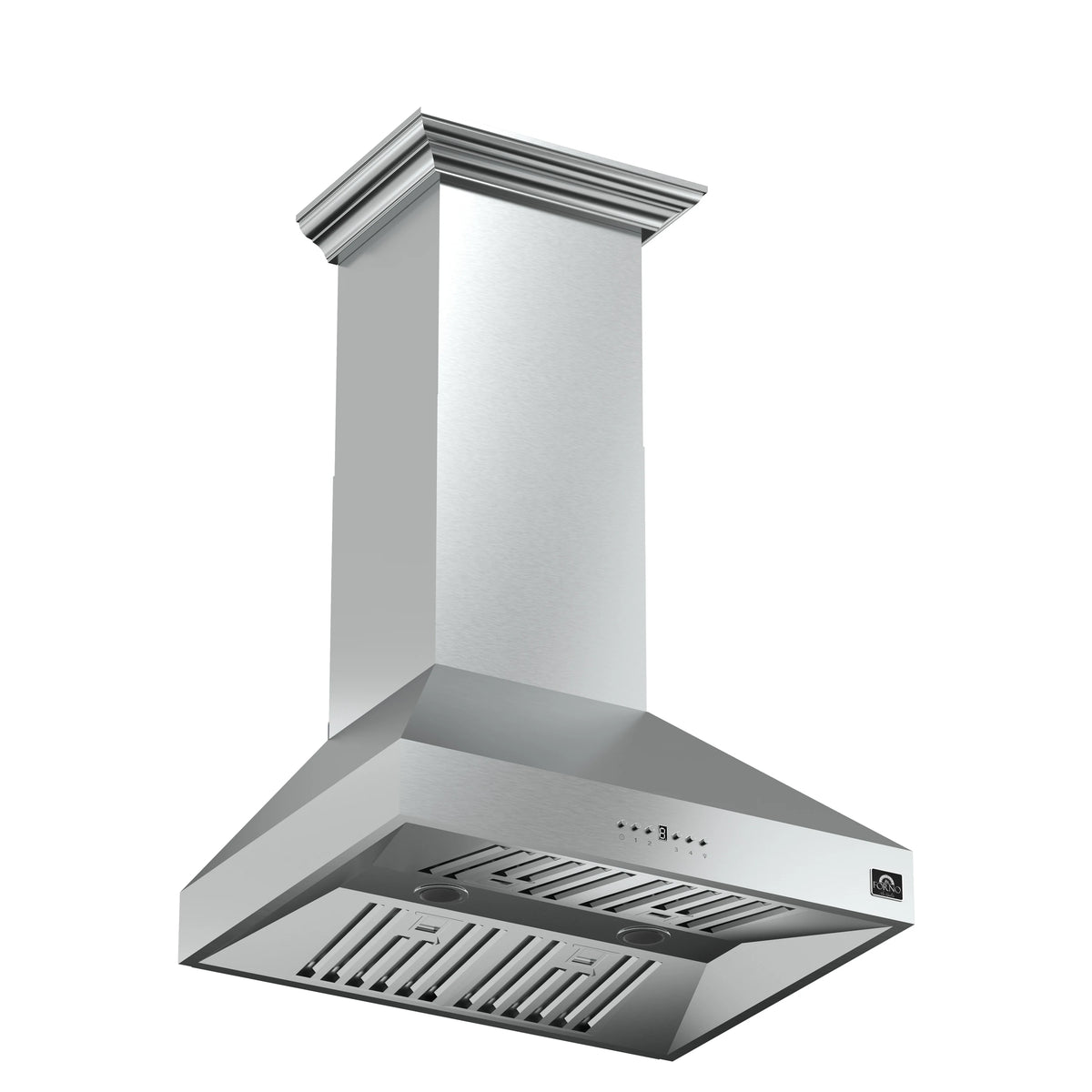 Stainless steel wall range hood with chimney-style flue and vent grille