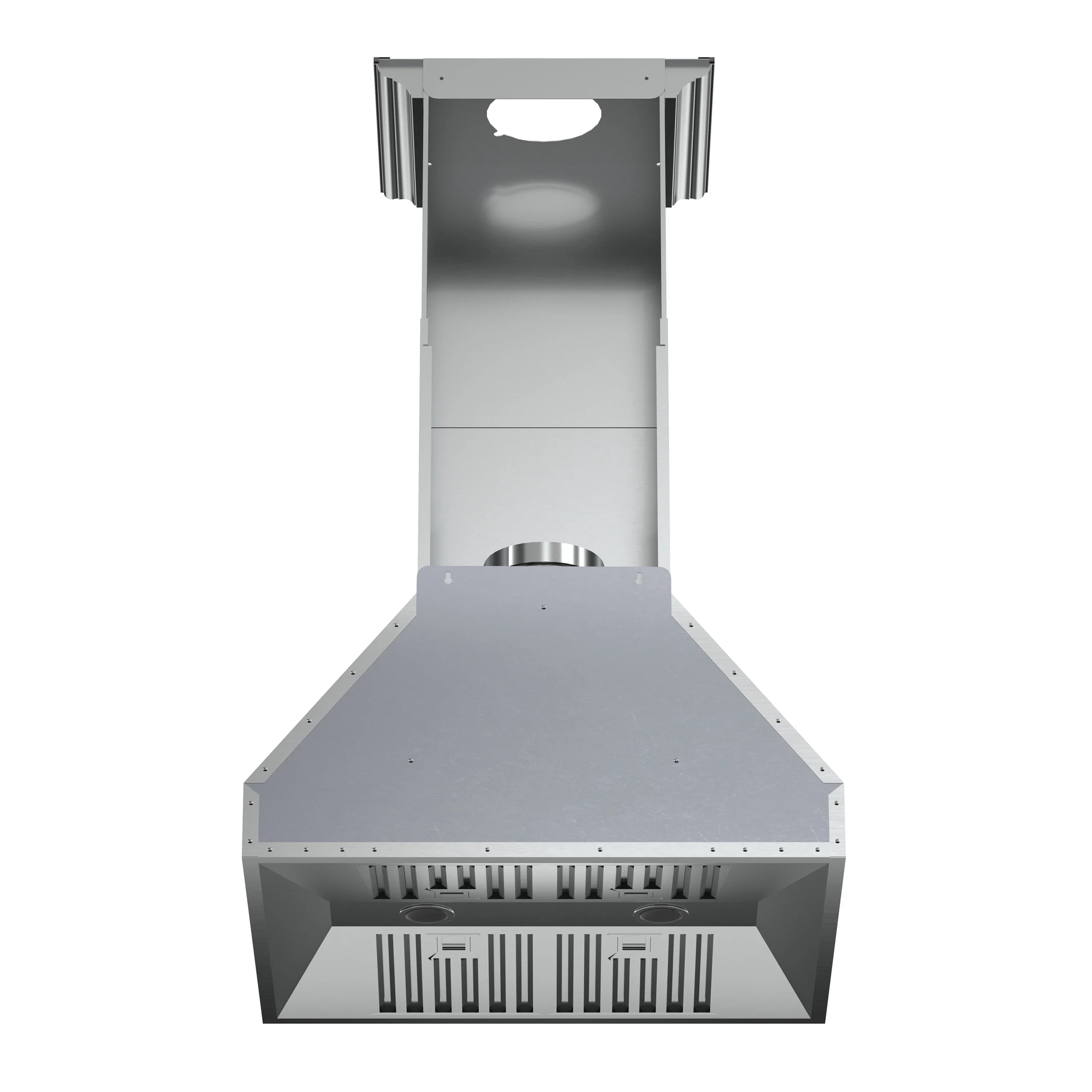 Stainless steel range hood with open baffle area and front vent grille
