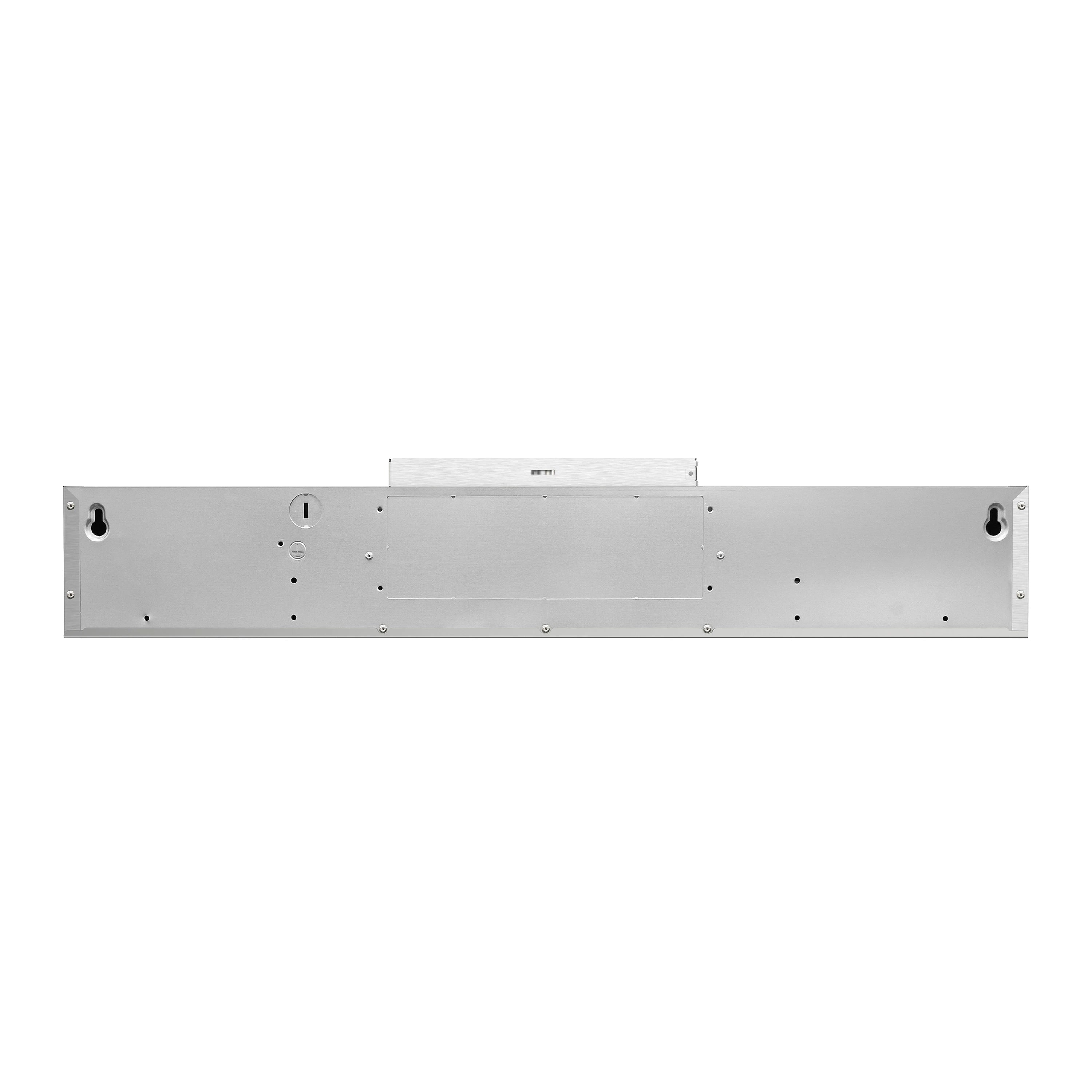 Underside panel of stainless range hood with mounting holes and duct opening