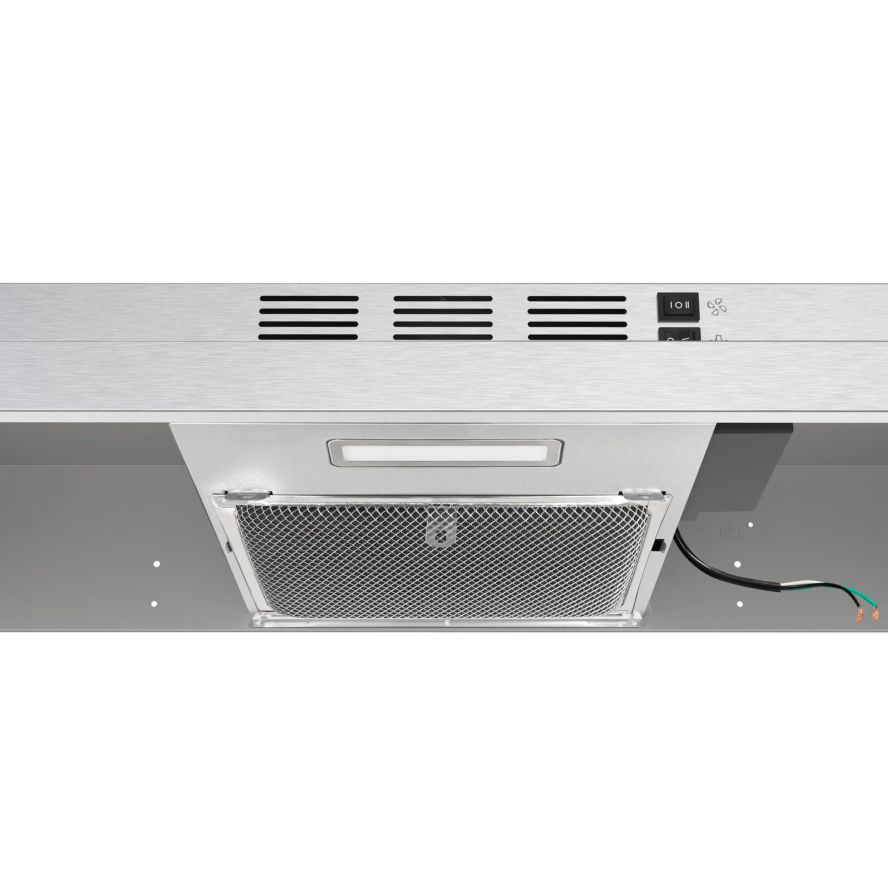 Range hood with mesh grease filter, vent slats, and control display
