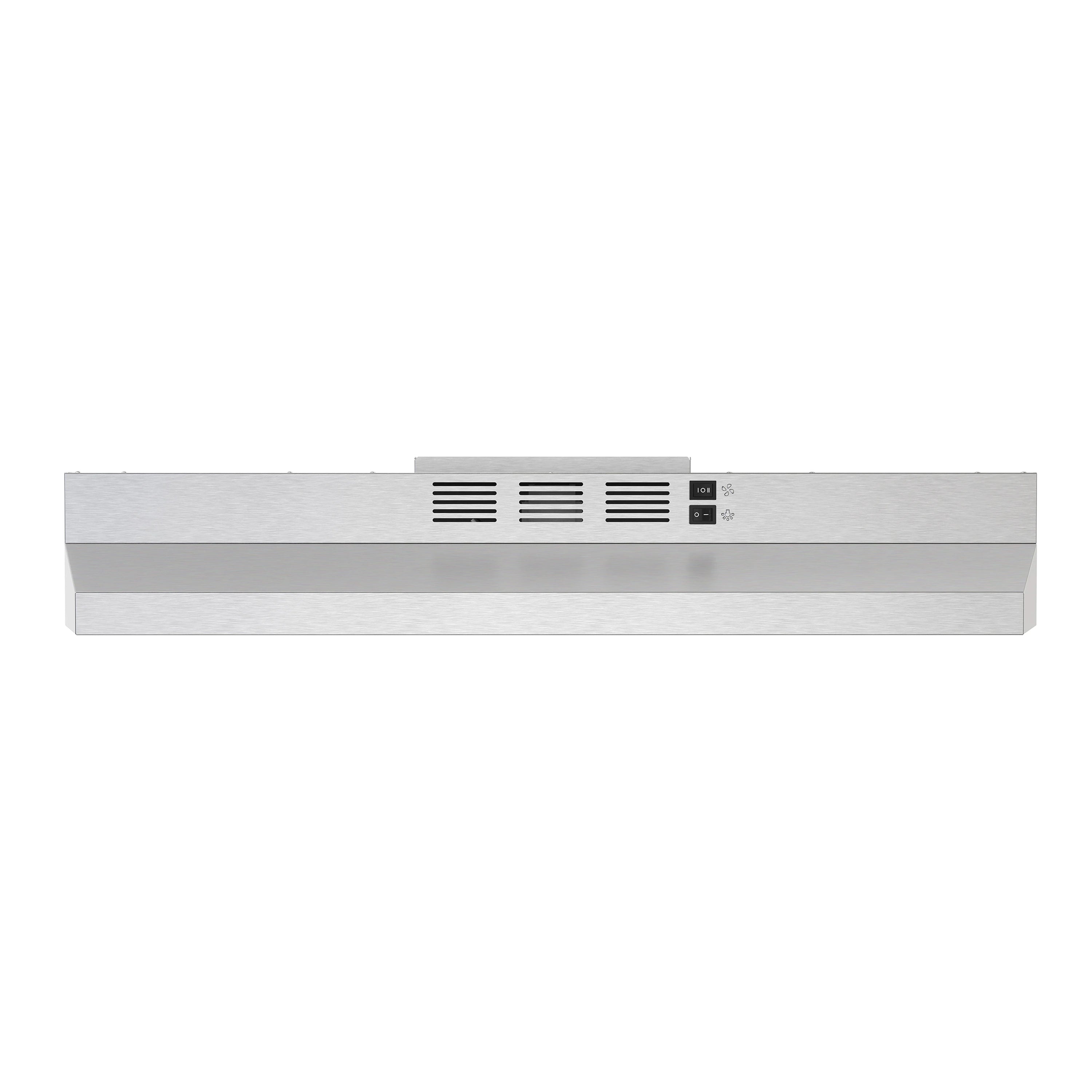 Stainless range hood front panel with vent slats and control buttons