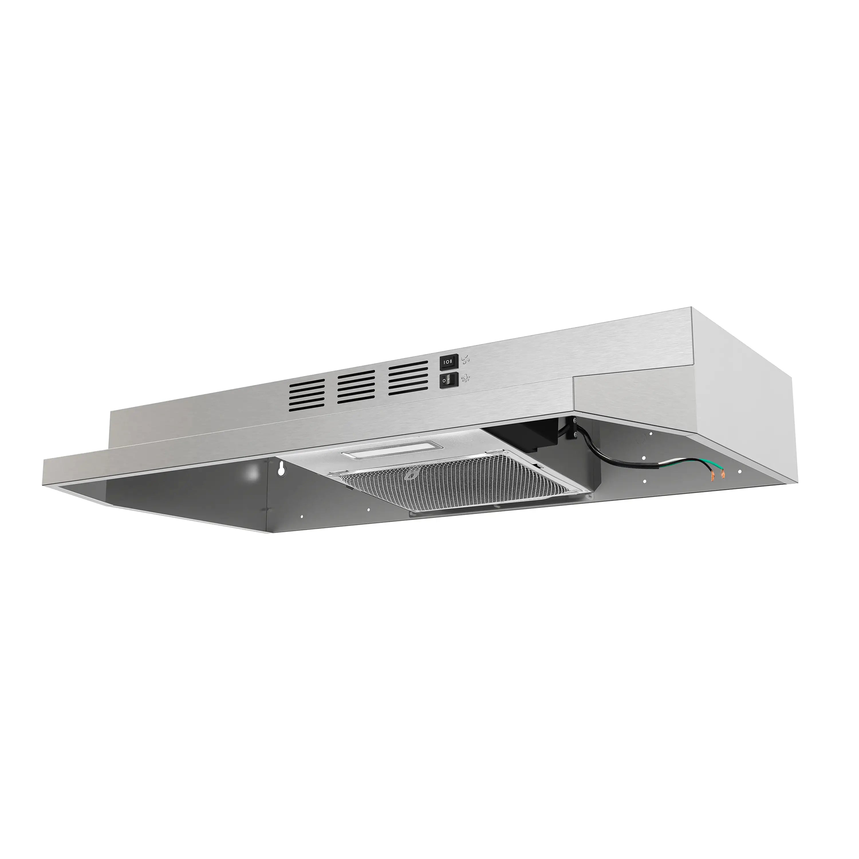 Stainless range hood underside with installed mesh filter and exposed wiring