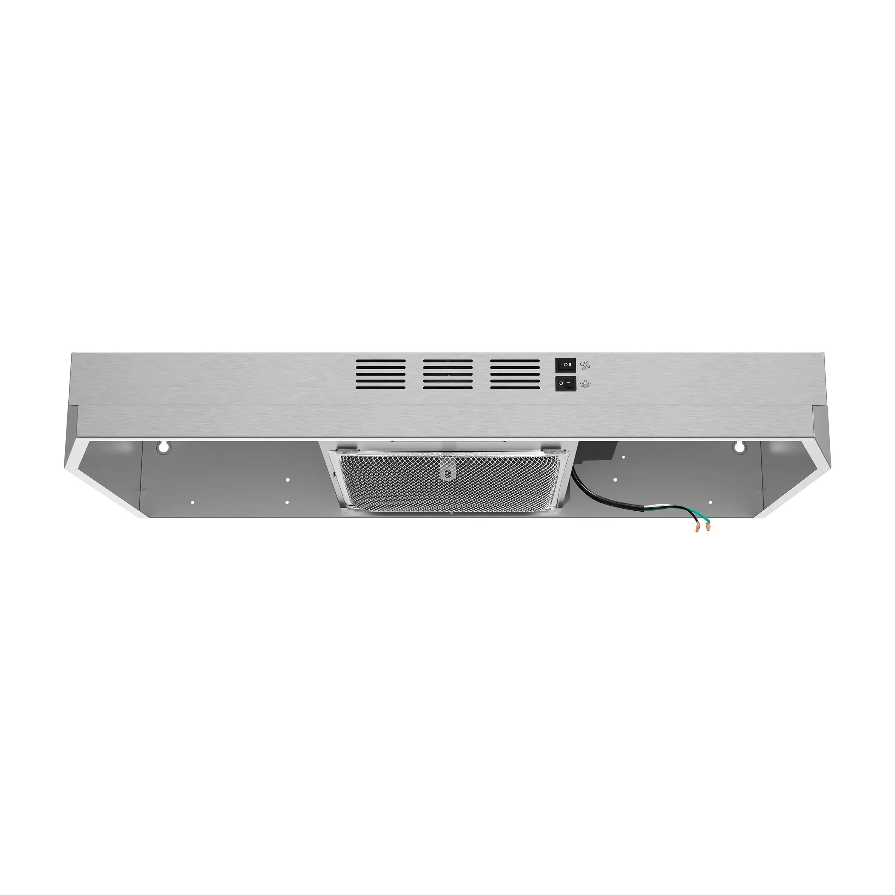 Under-cabinet range hood with mesh grease filter and visible wiring