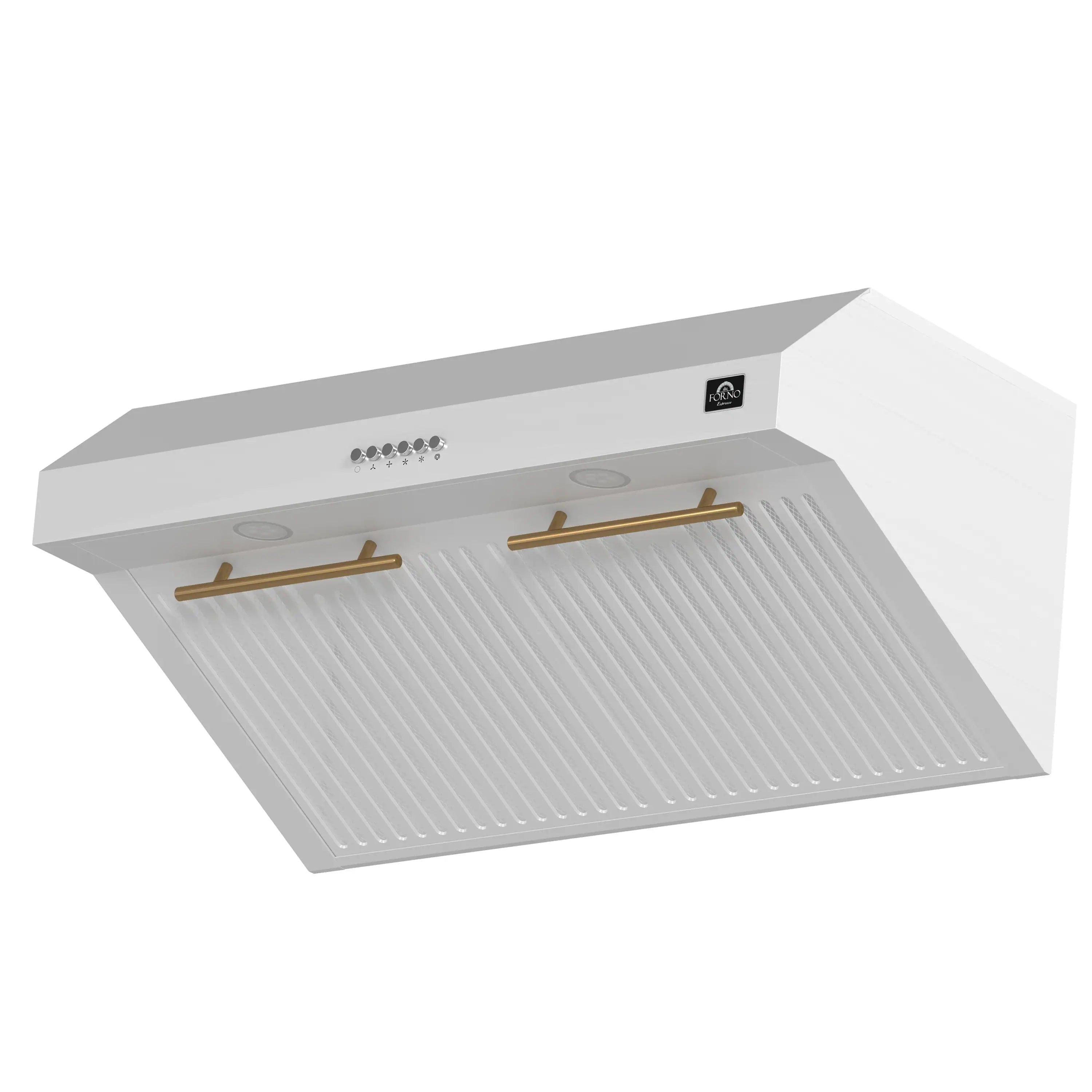 White under-cabinet range hood with ribbed vent panels and antique brass bar handles