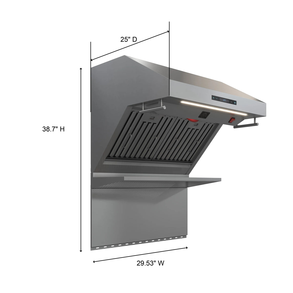 Wall mount range hood size diagram, 29.53 in W and 38.7 in H