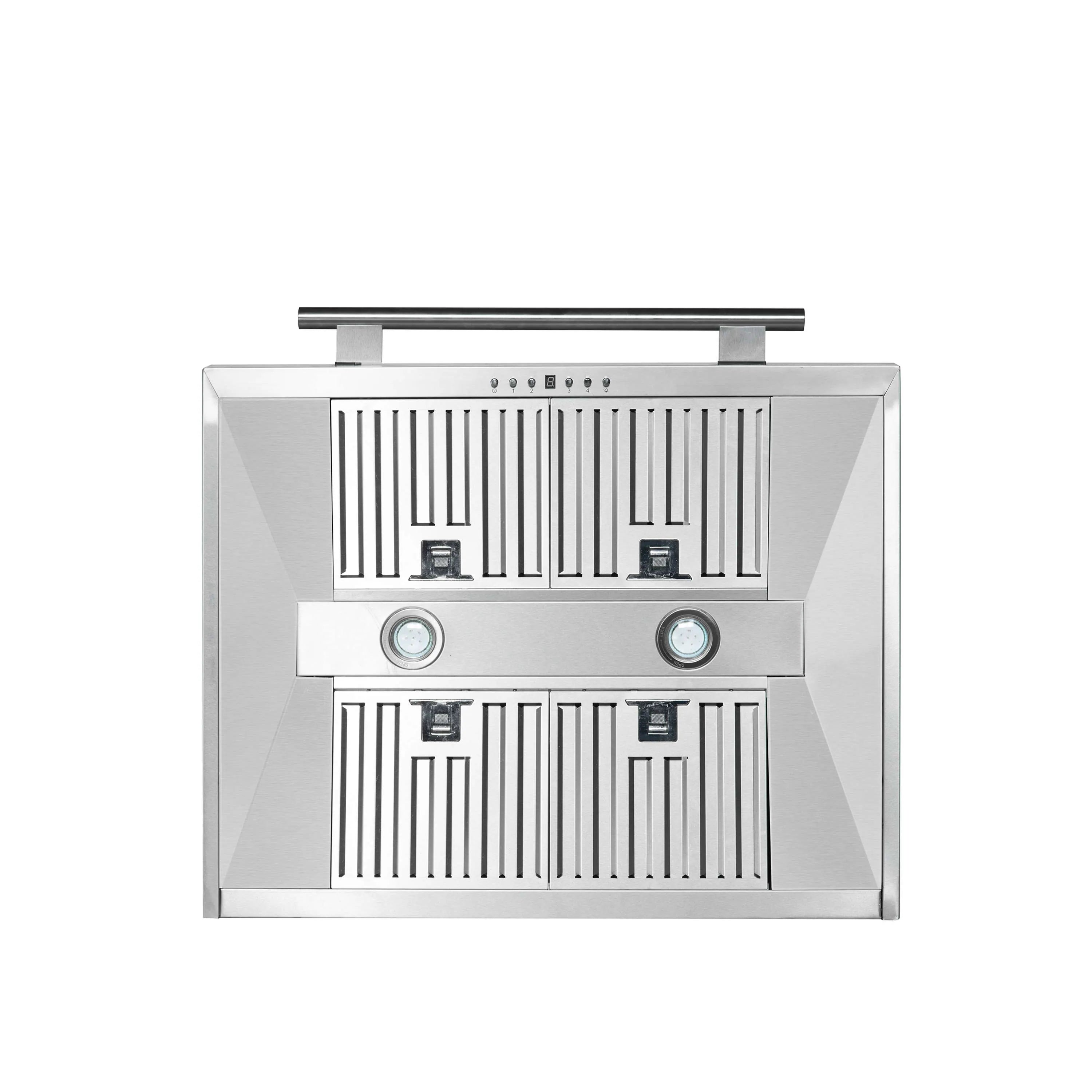 Stainless steel range hood front panel with vertical baffle filters and controls