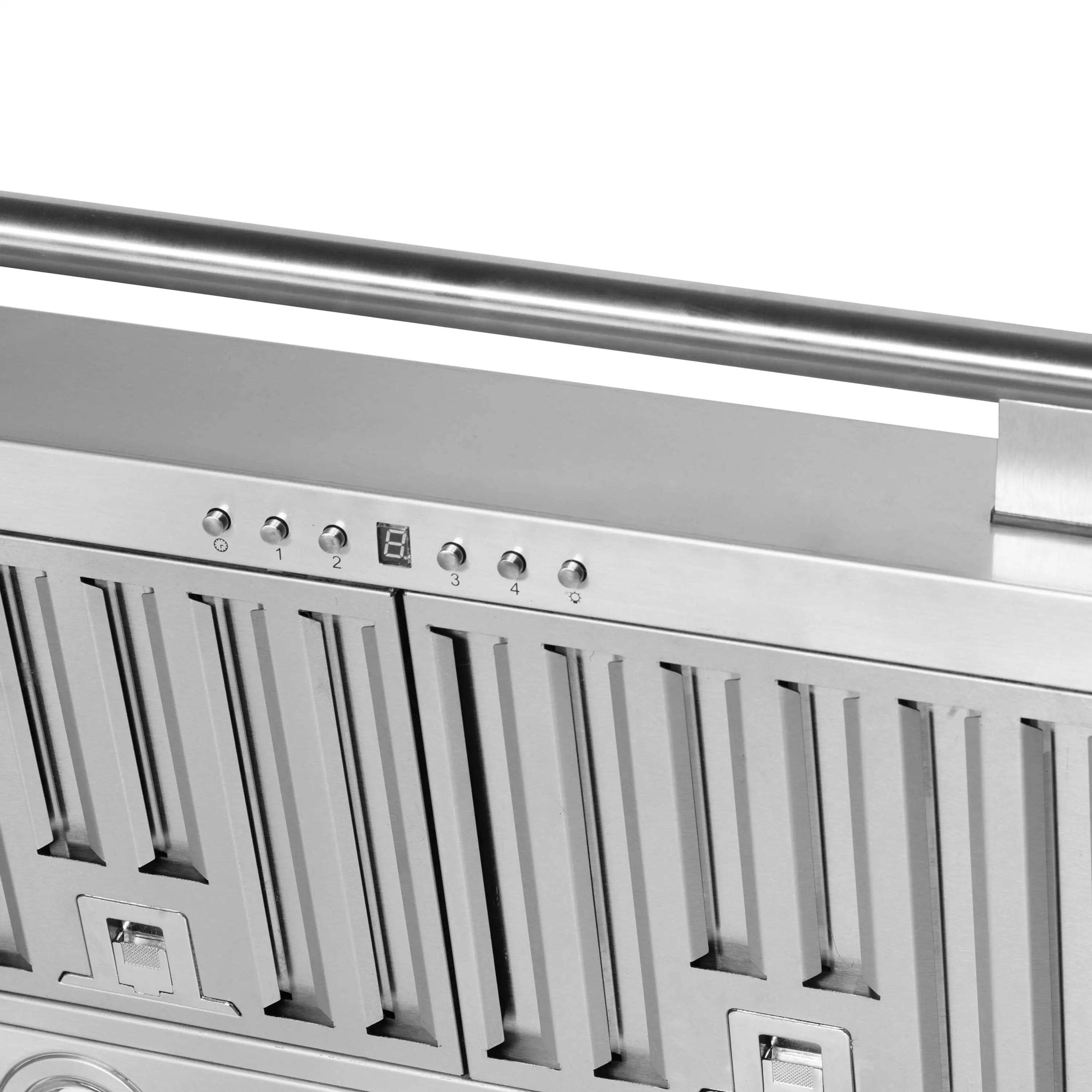 Stainless steel range hood control panel with numeric buttons and indicator lights