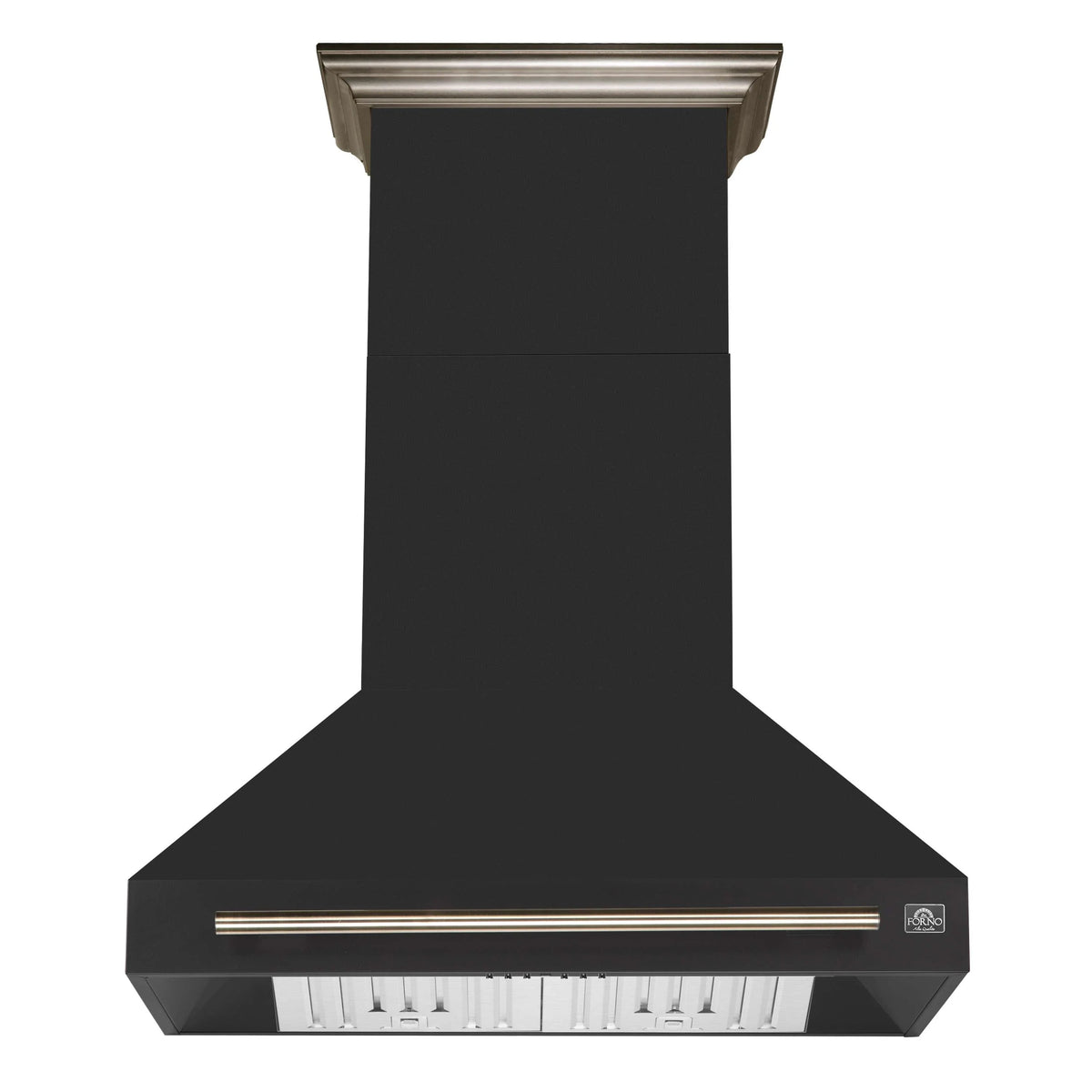 Black wall-mounted range hood with stainless chimney top and vent grille