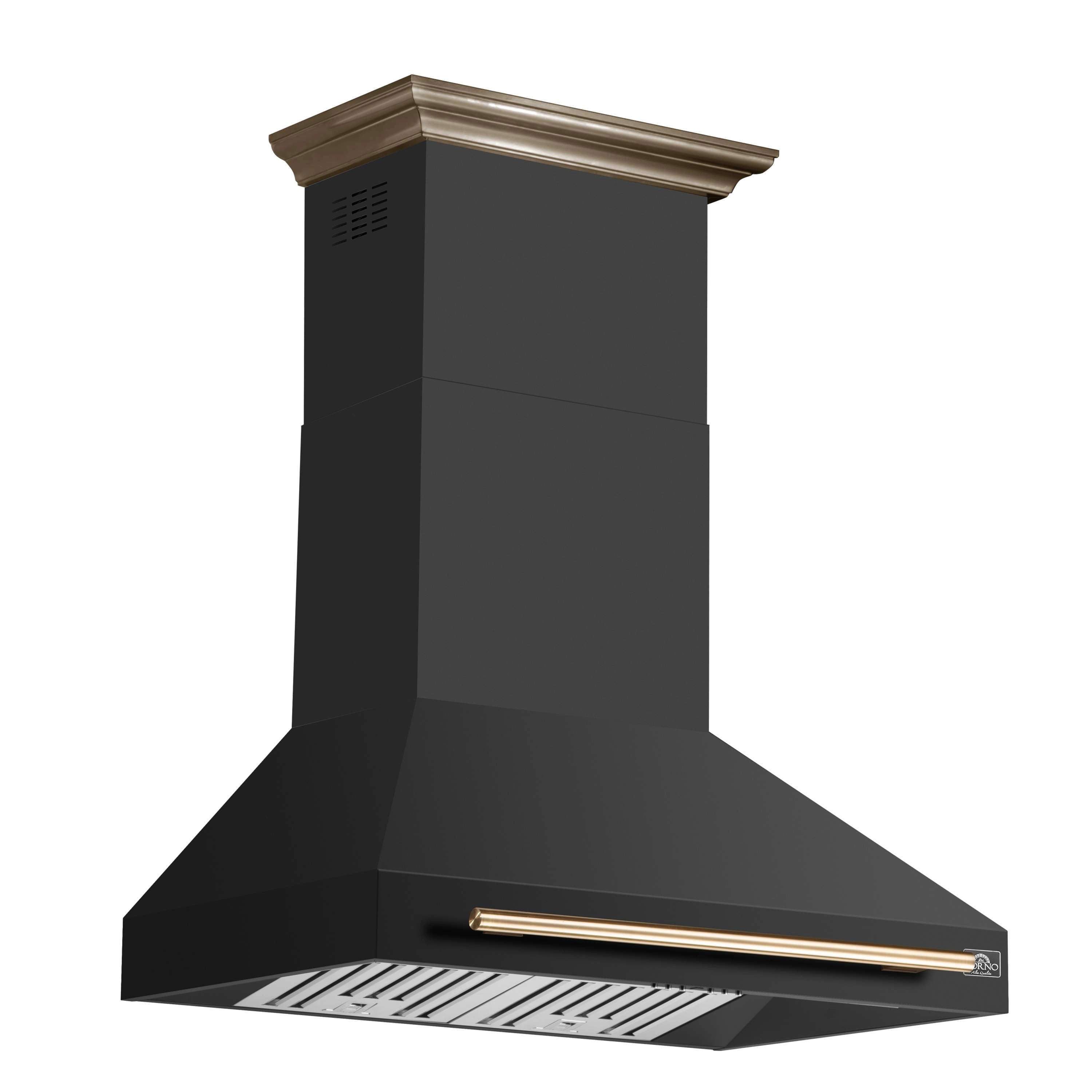 Black wall mount range hood with brass top trim and front vent panel