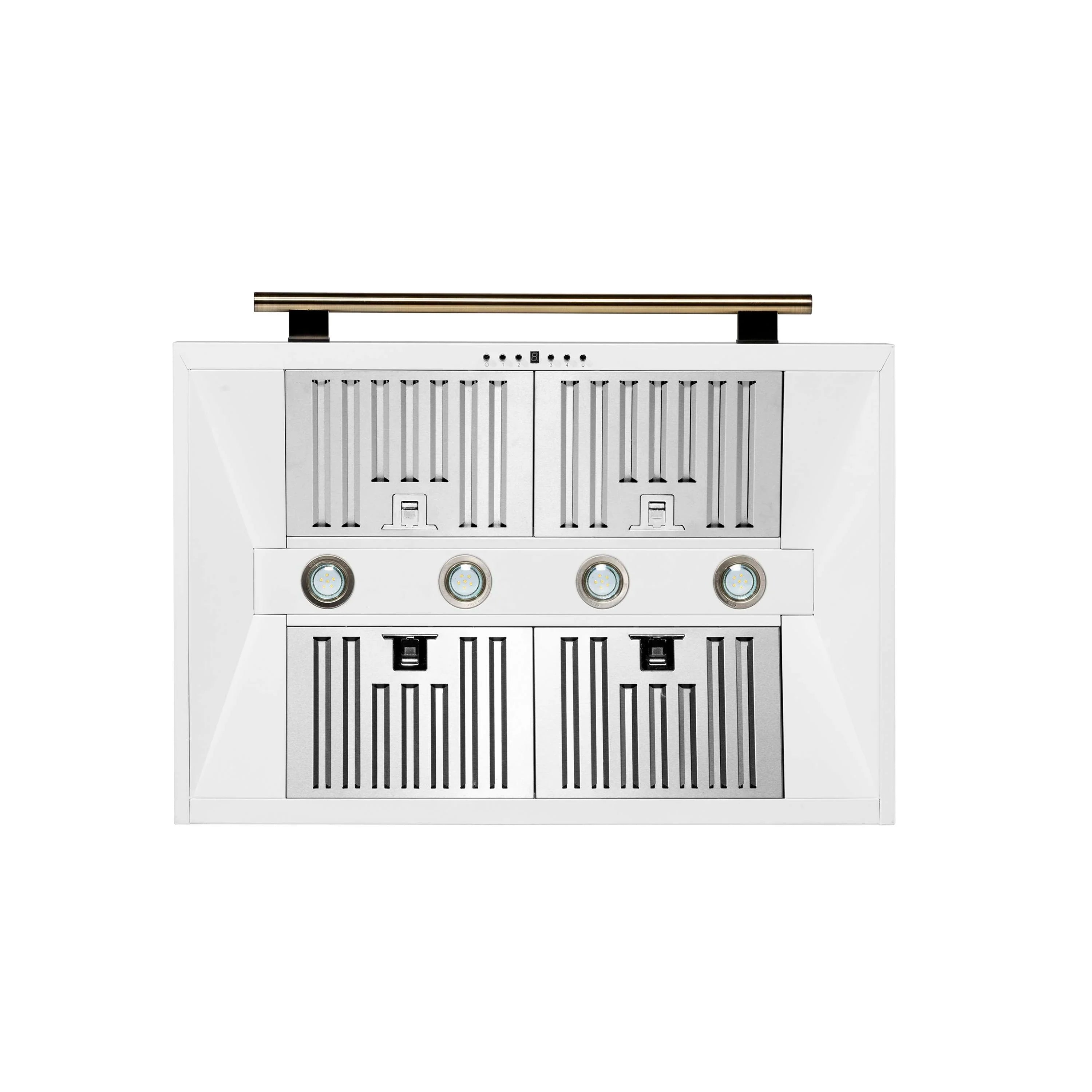 White range hood underside control panel with knob row and indicator lights