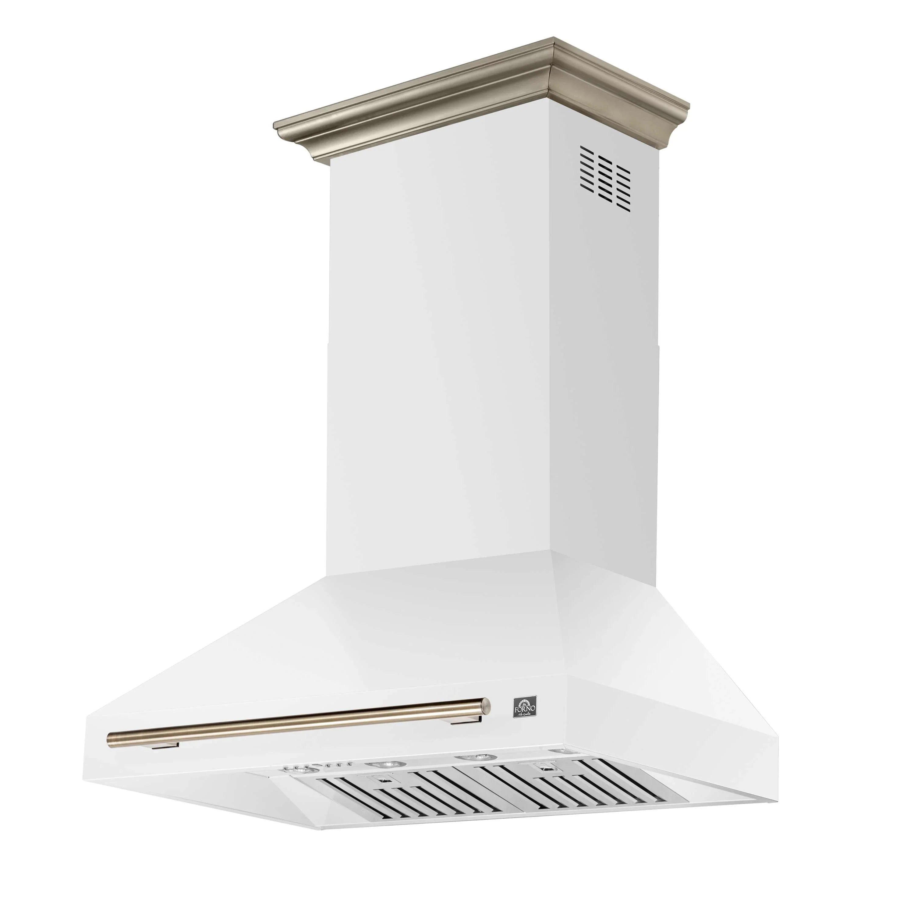 White wall-mount range hood front with vent grates and antique brass-toned handle bar