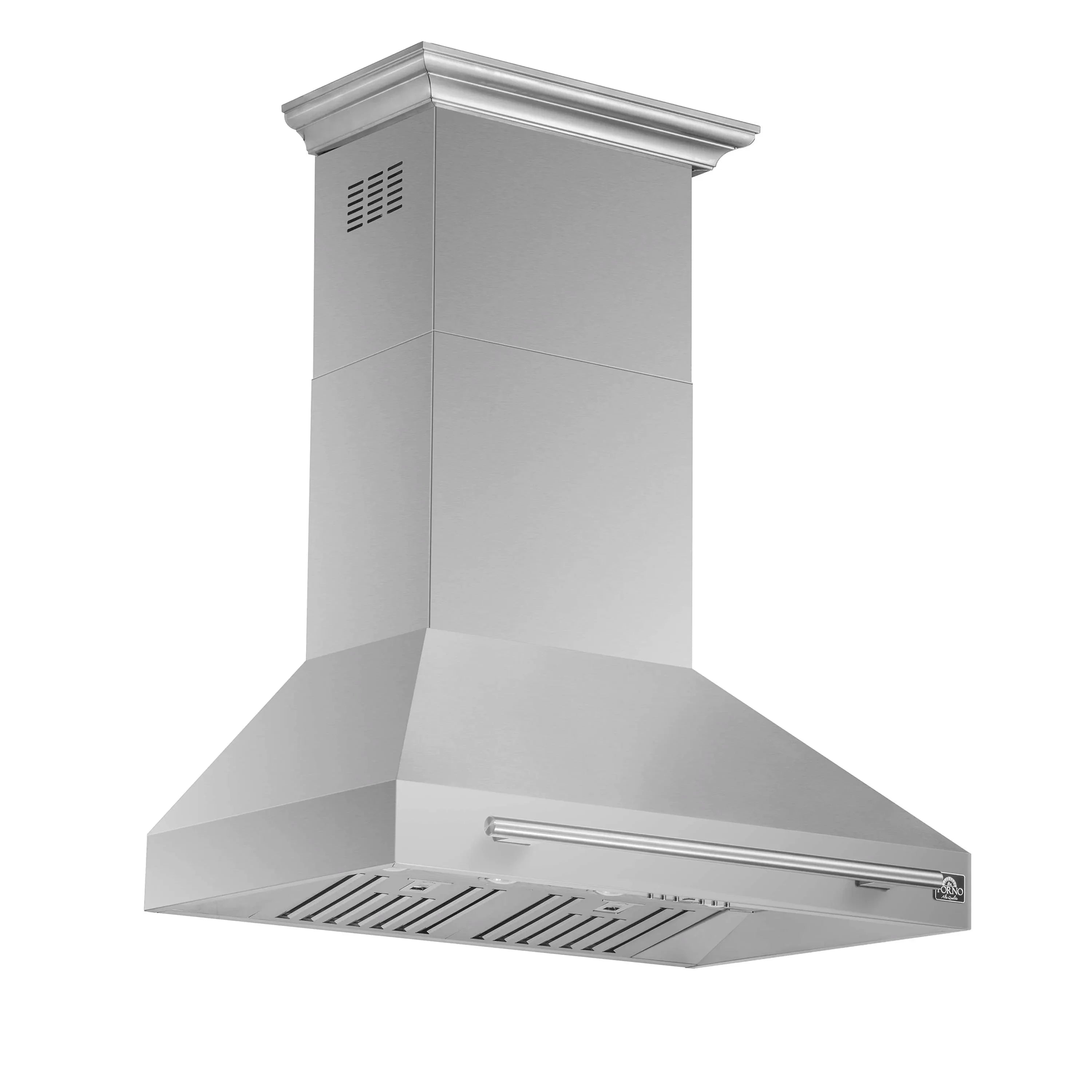 Stainless steel chimney range hood with horizontal vent and control vent panel on side