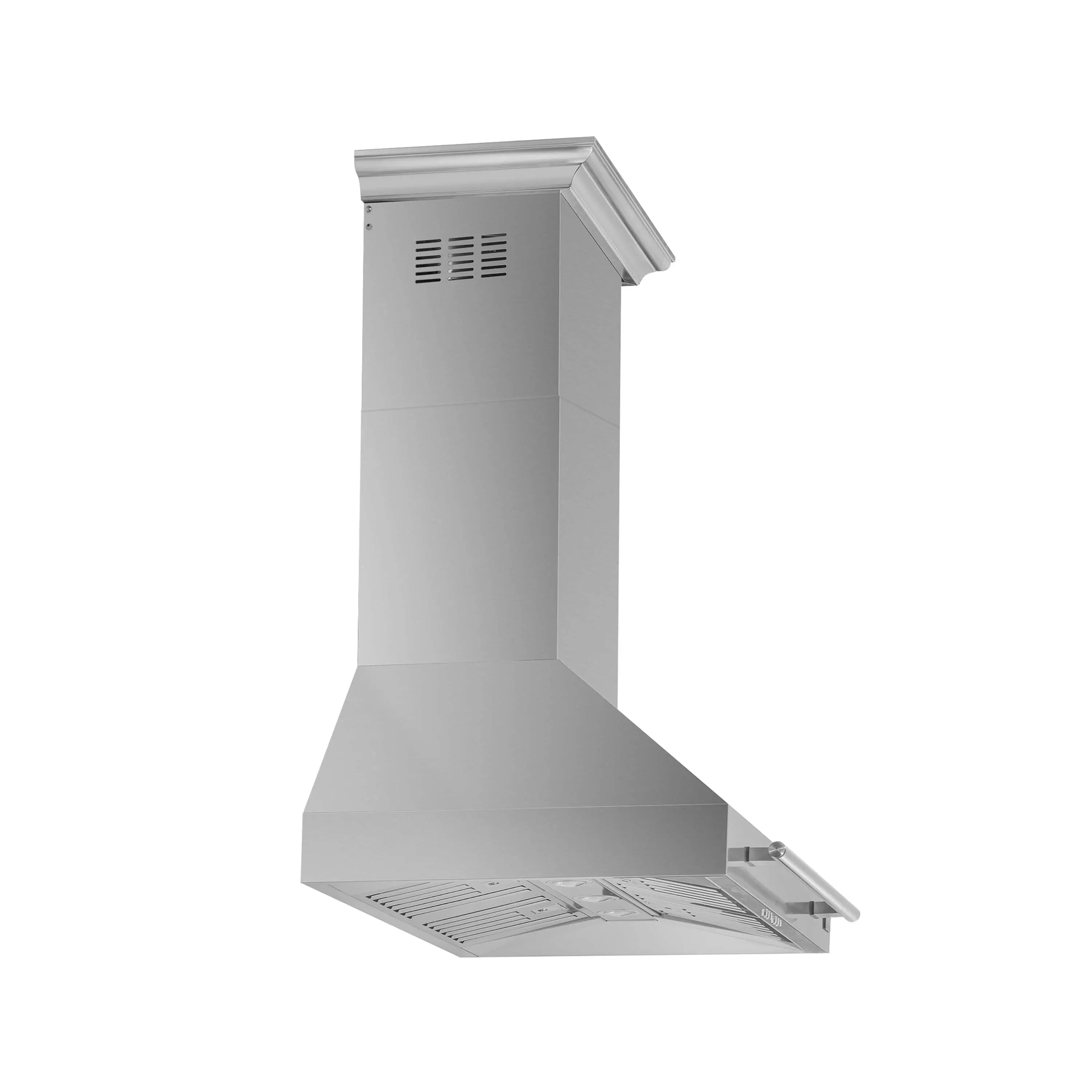 Stainless steel wall range hood with angled vent and open underside