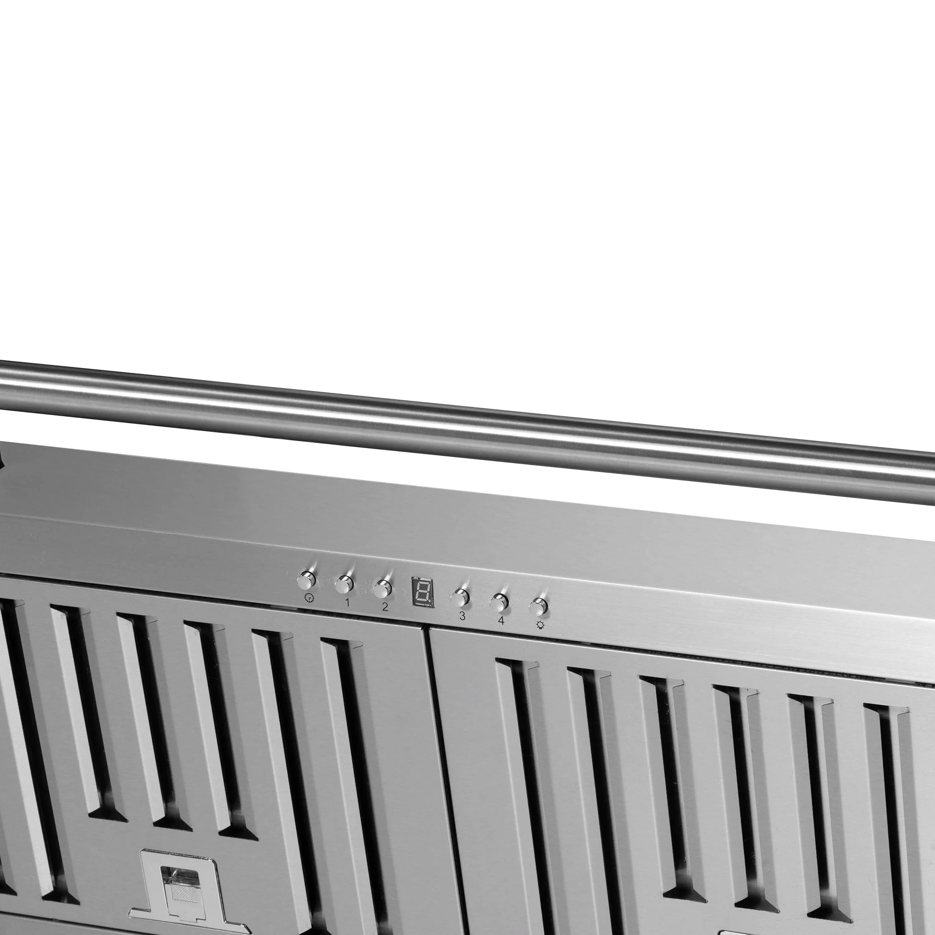 Close-up of stainless steel range hood control icons and vent grille