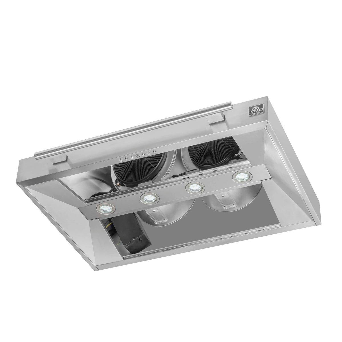 Stainless steel range hood underside with four LED lights and filter area