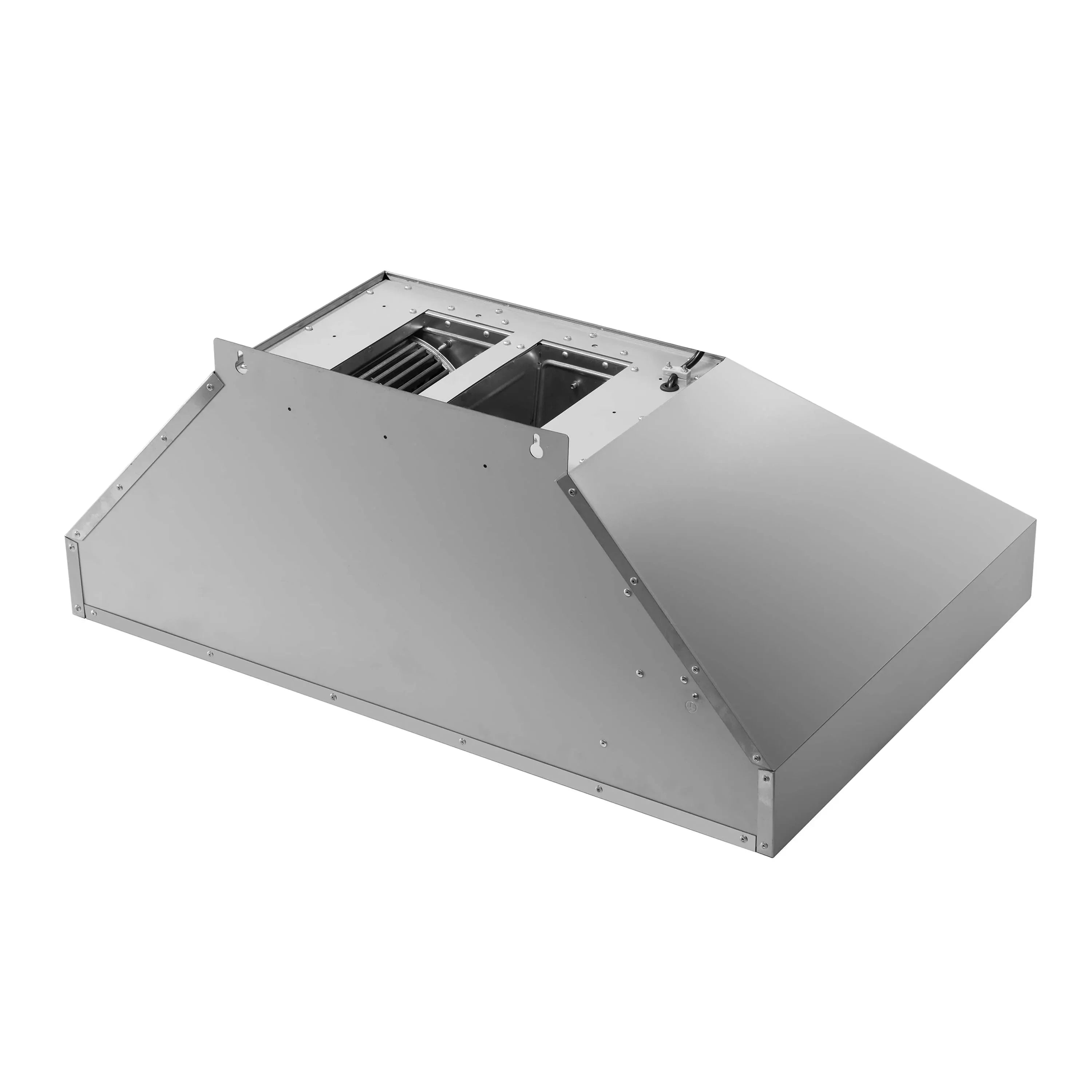 Stainless steel range hood chimney-style interior with removable filter panel