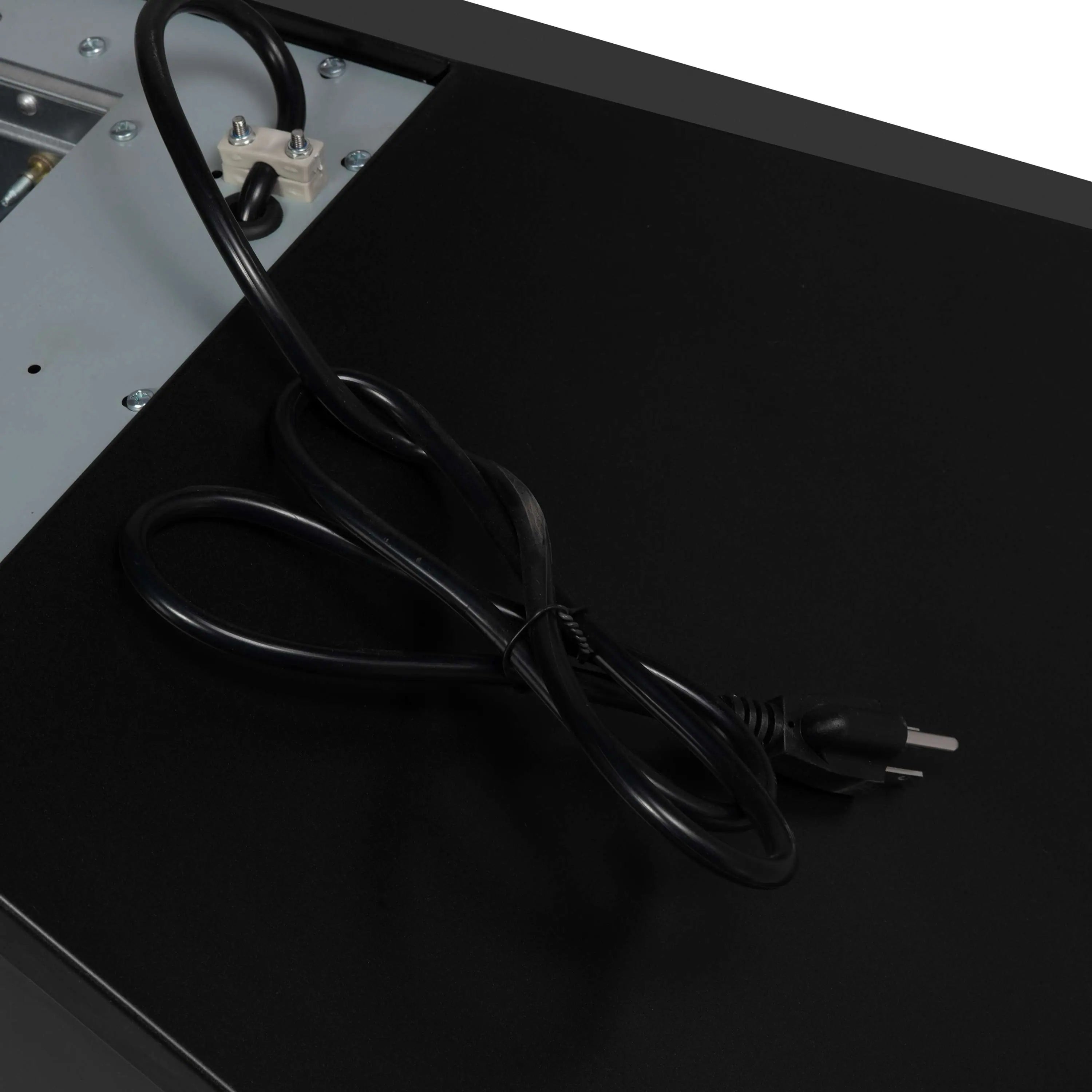 Black range hood with power cord and electrical connection