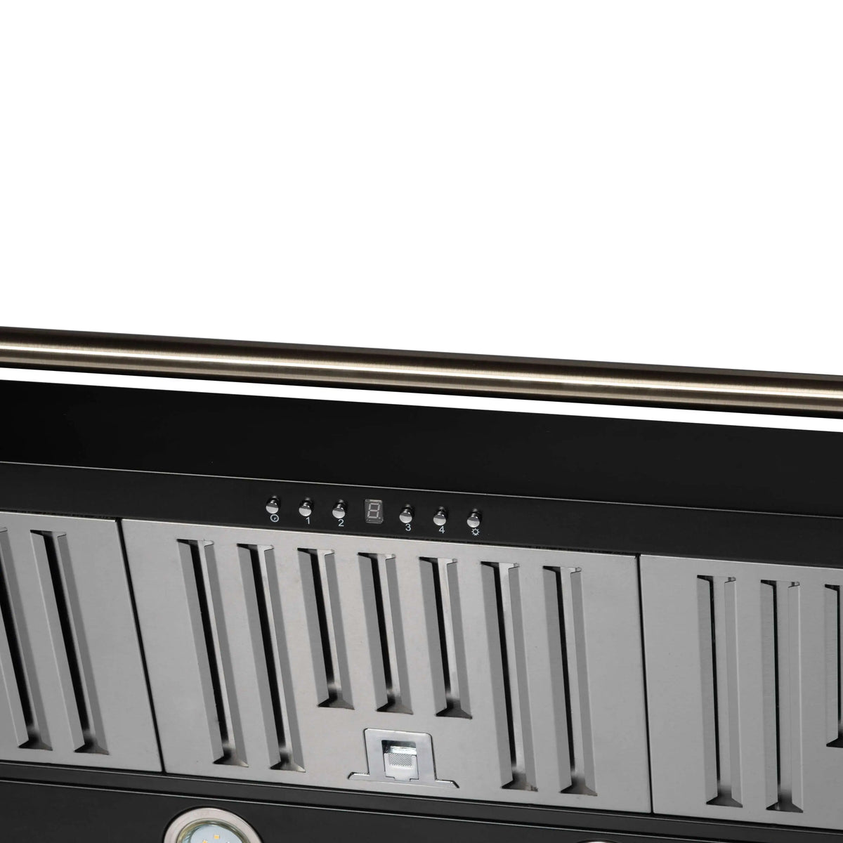 Black wall mount range hood control buttons and LED indicator lights under brass trim
