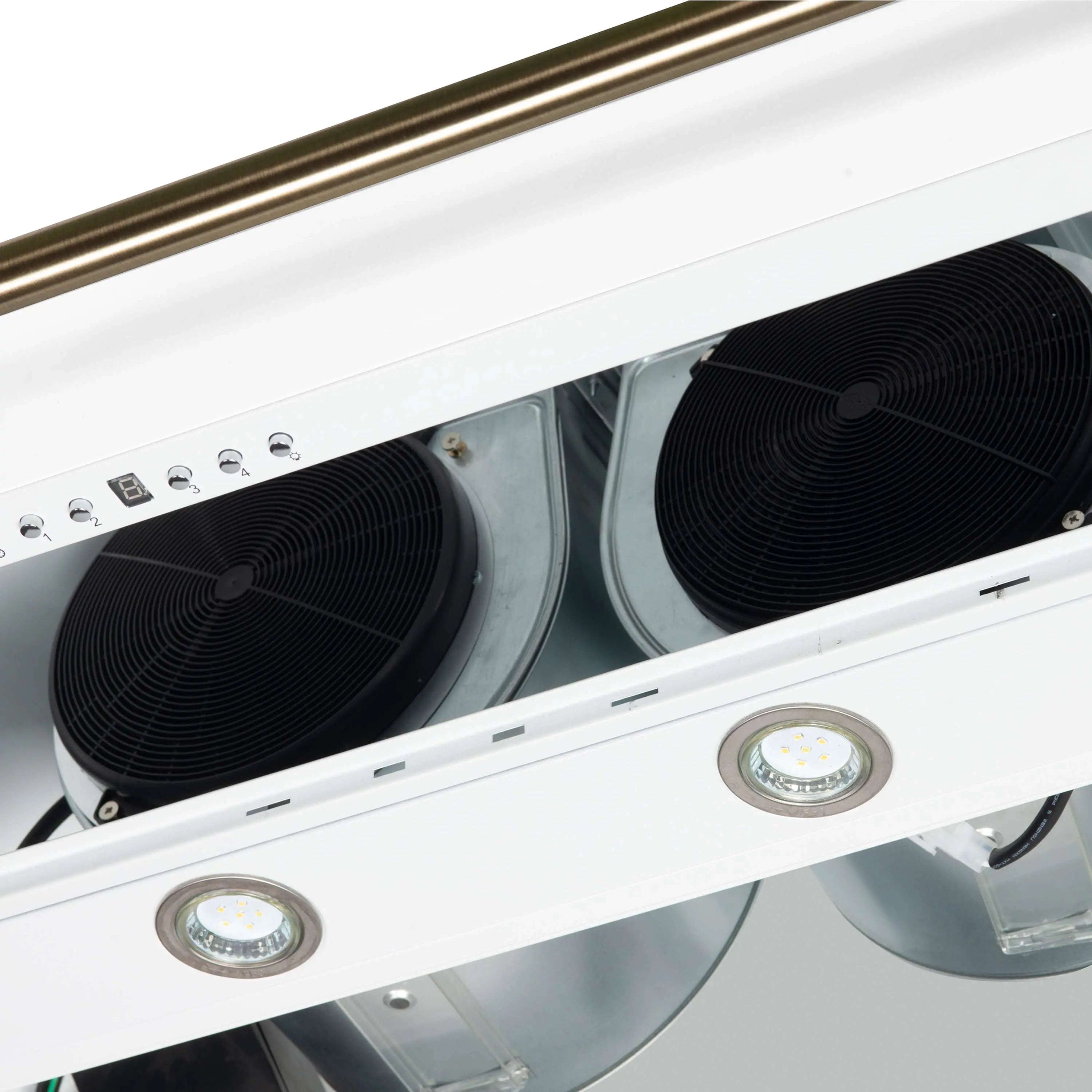 Range hood underside with twin fan housings and two circular LED lights