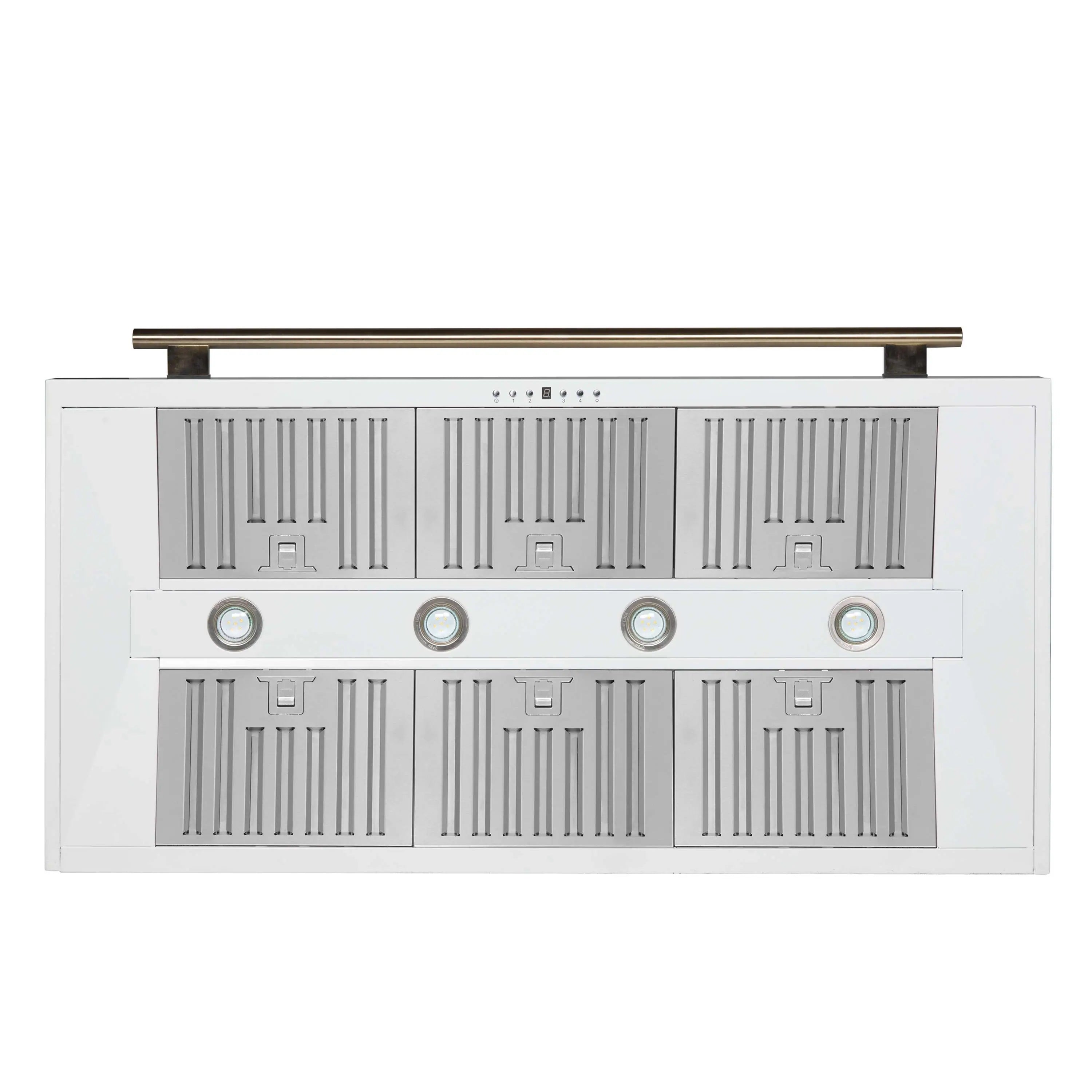 White range hood control panel with rows of vent slots and antique brass bar