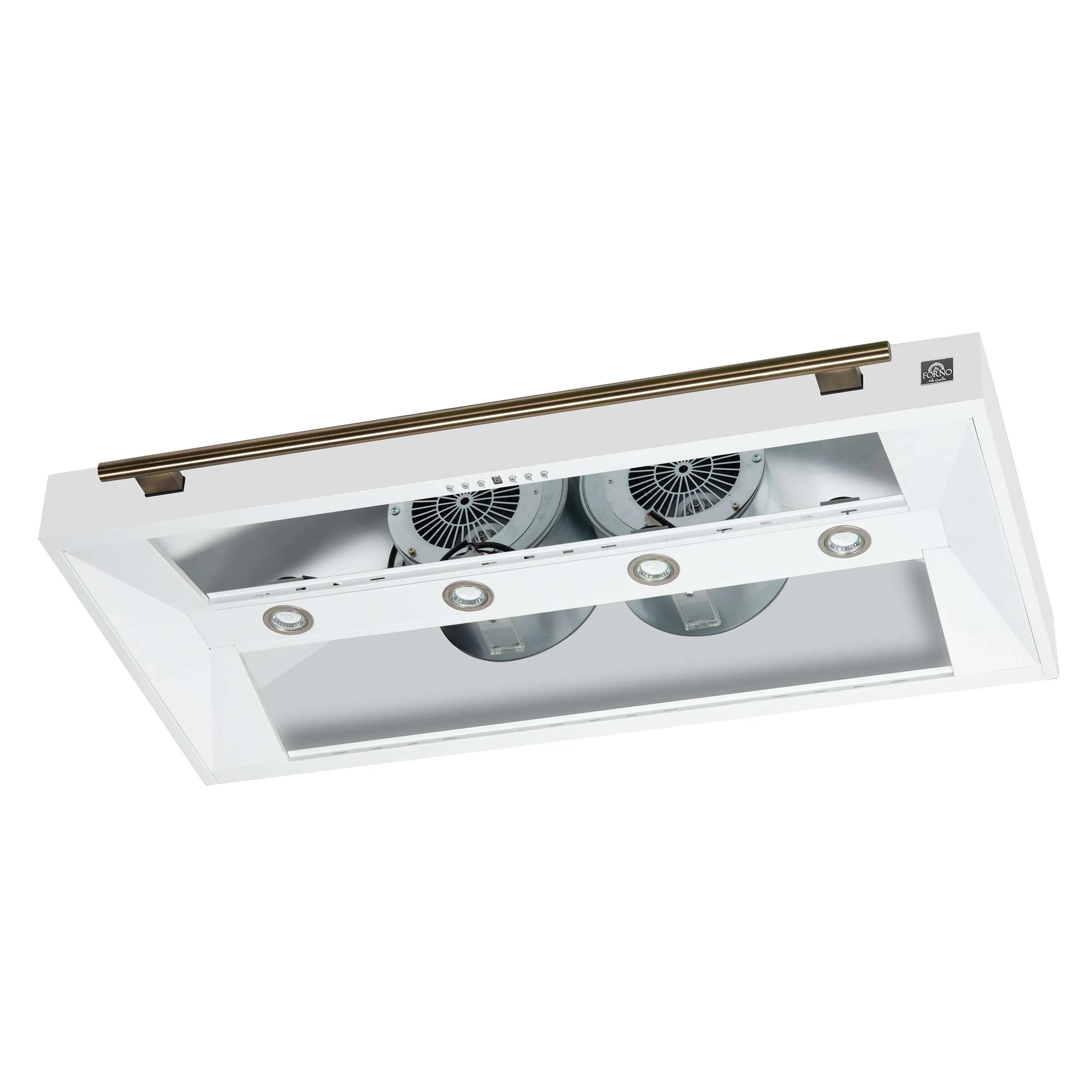 White wall-mount range hood with open underside showing twin blower fans