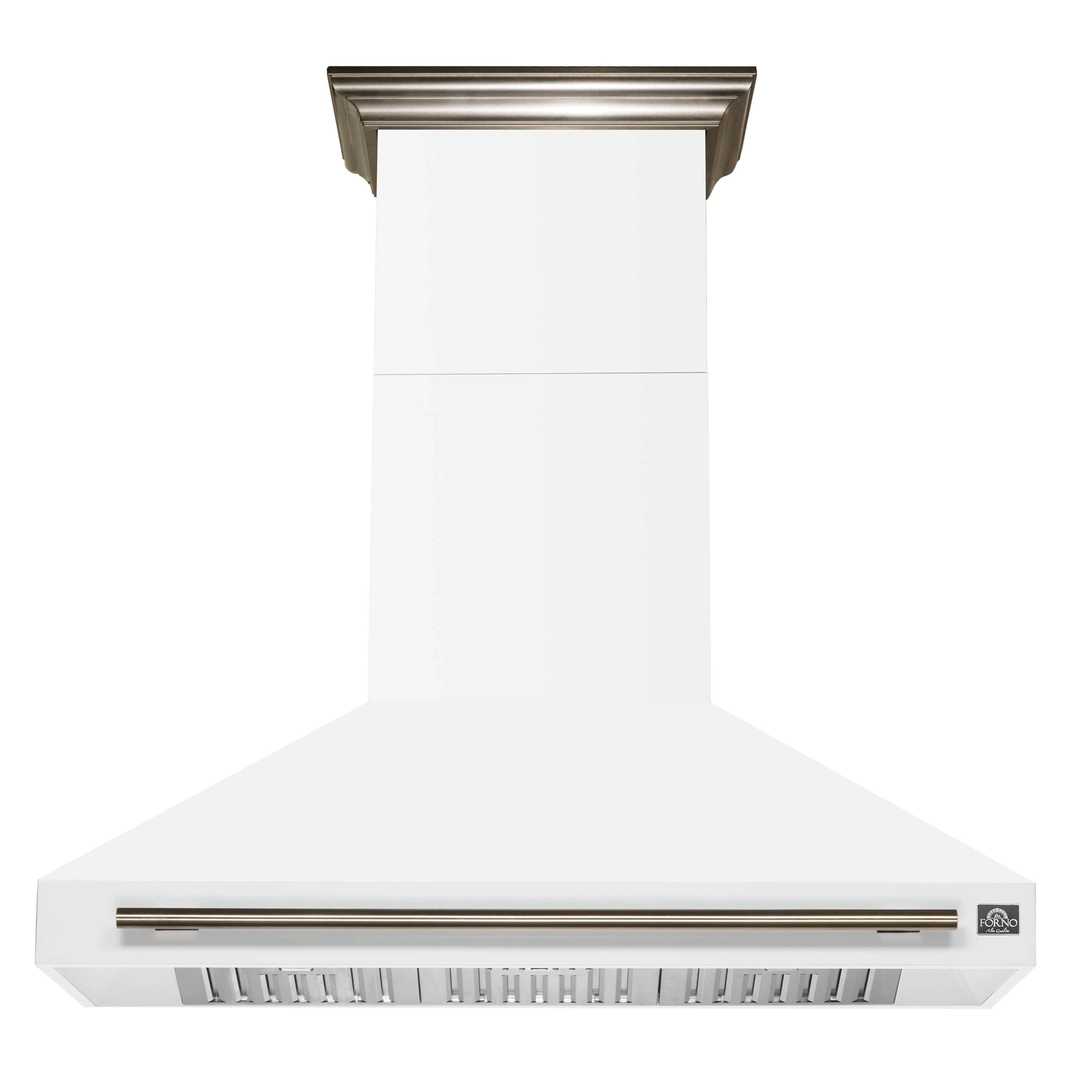 White wall mount range hood with antique brass trim and recessed vent opening