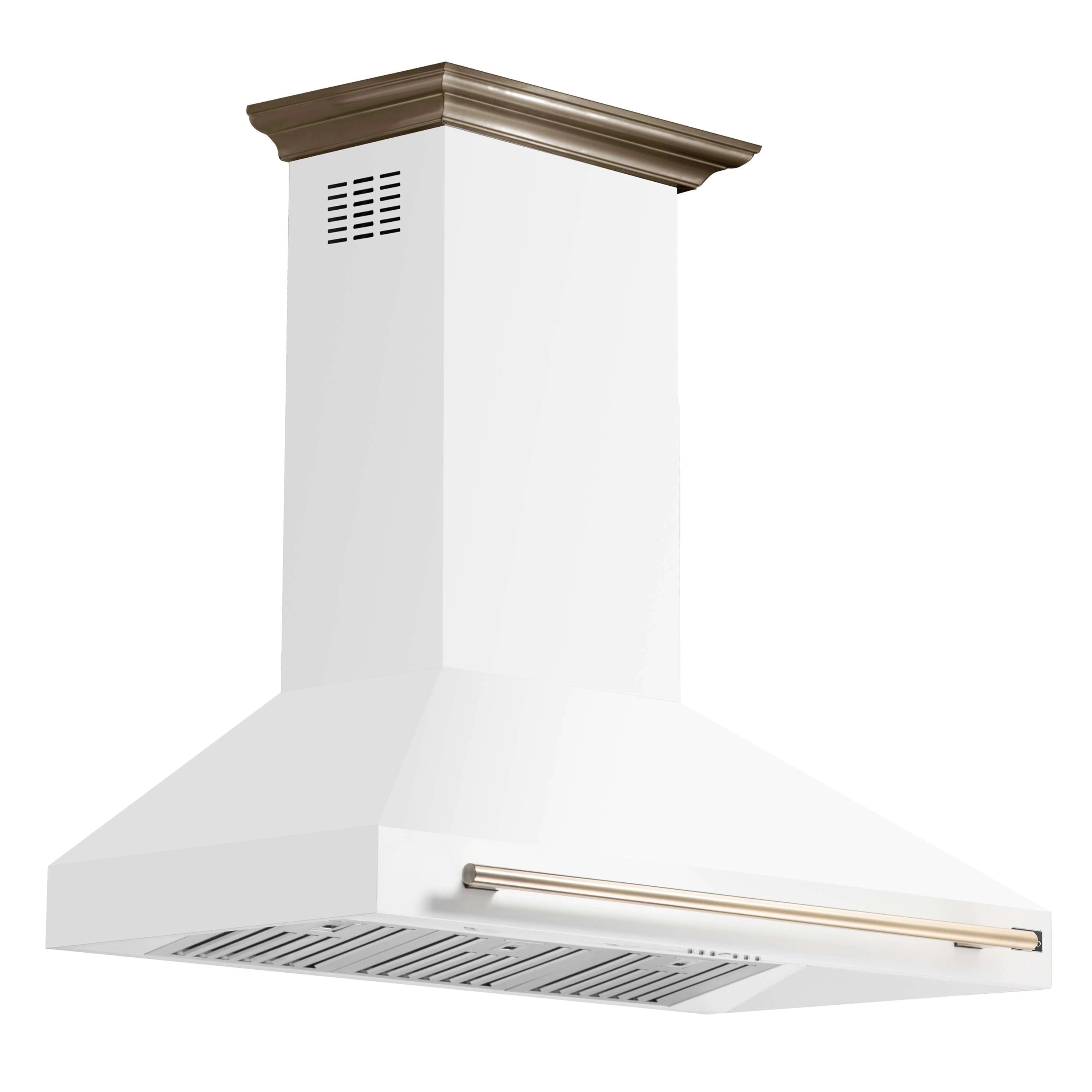 White chimney-style wall range hood with antique brass top trim