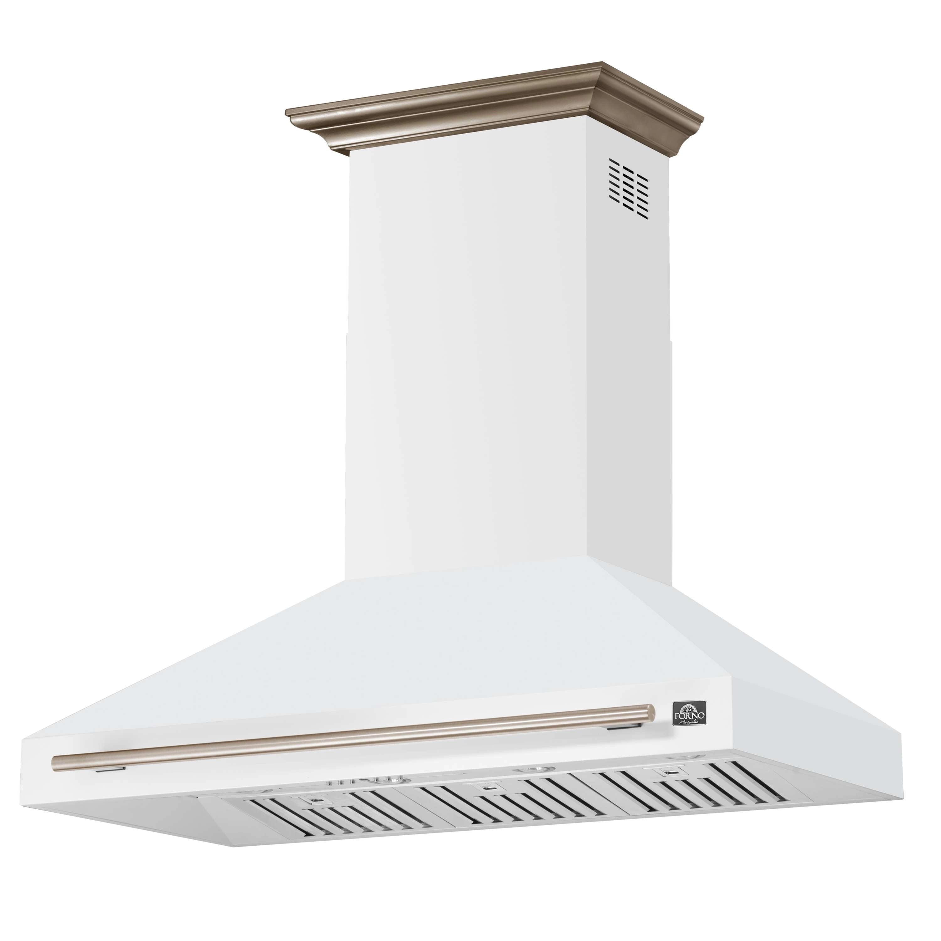 White wall mount range hood with antique brass canopy and front vent opening