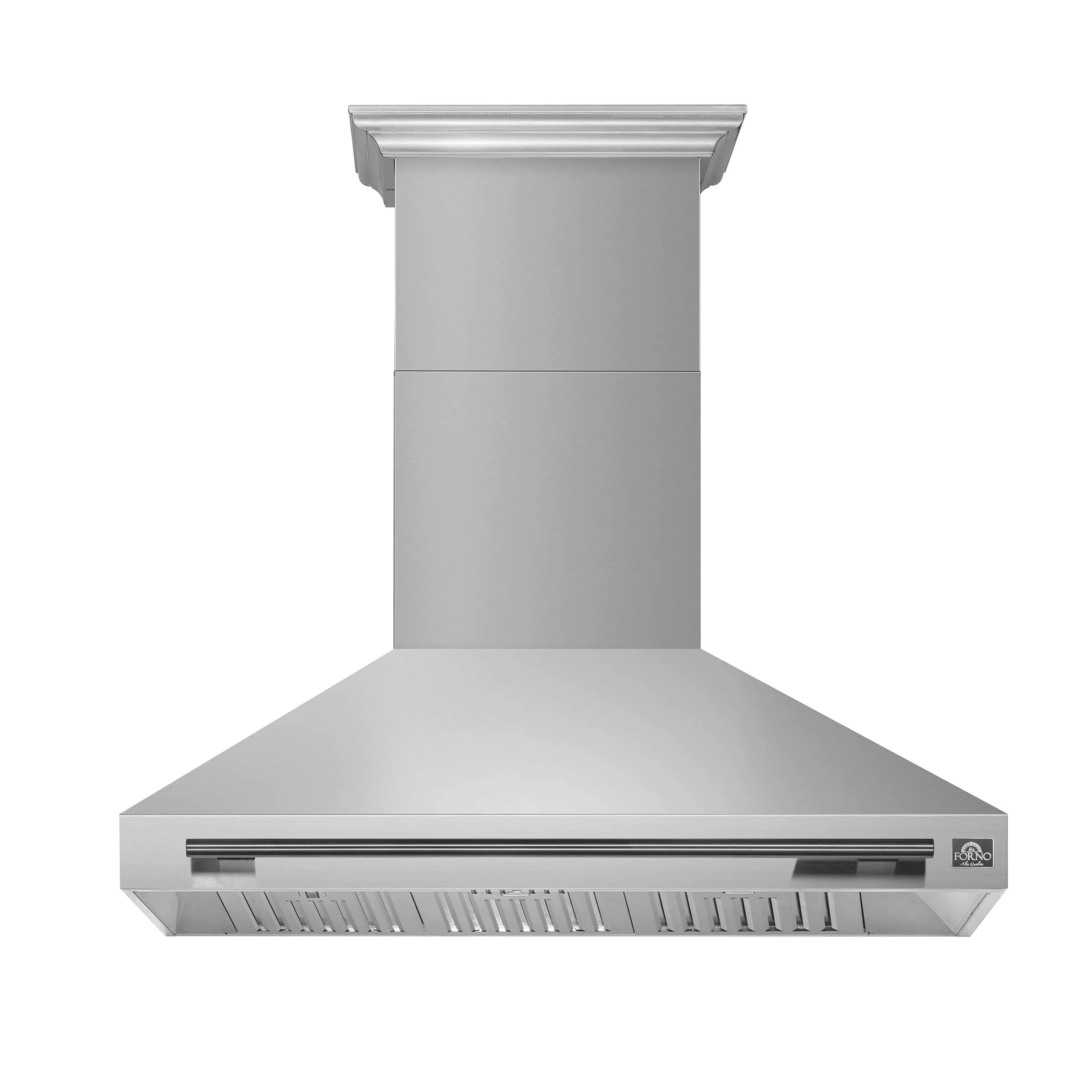 Wall-mount stainless steel range hood with tall chimney and wide front vent canopy