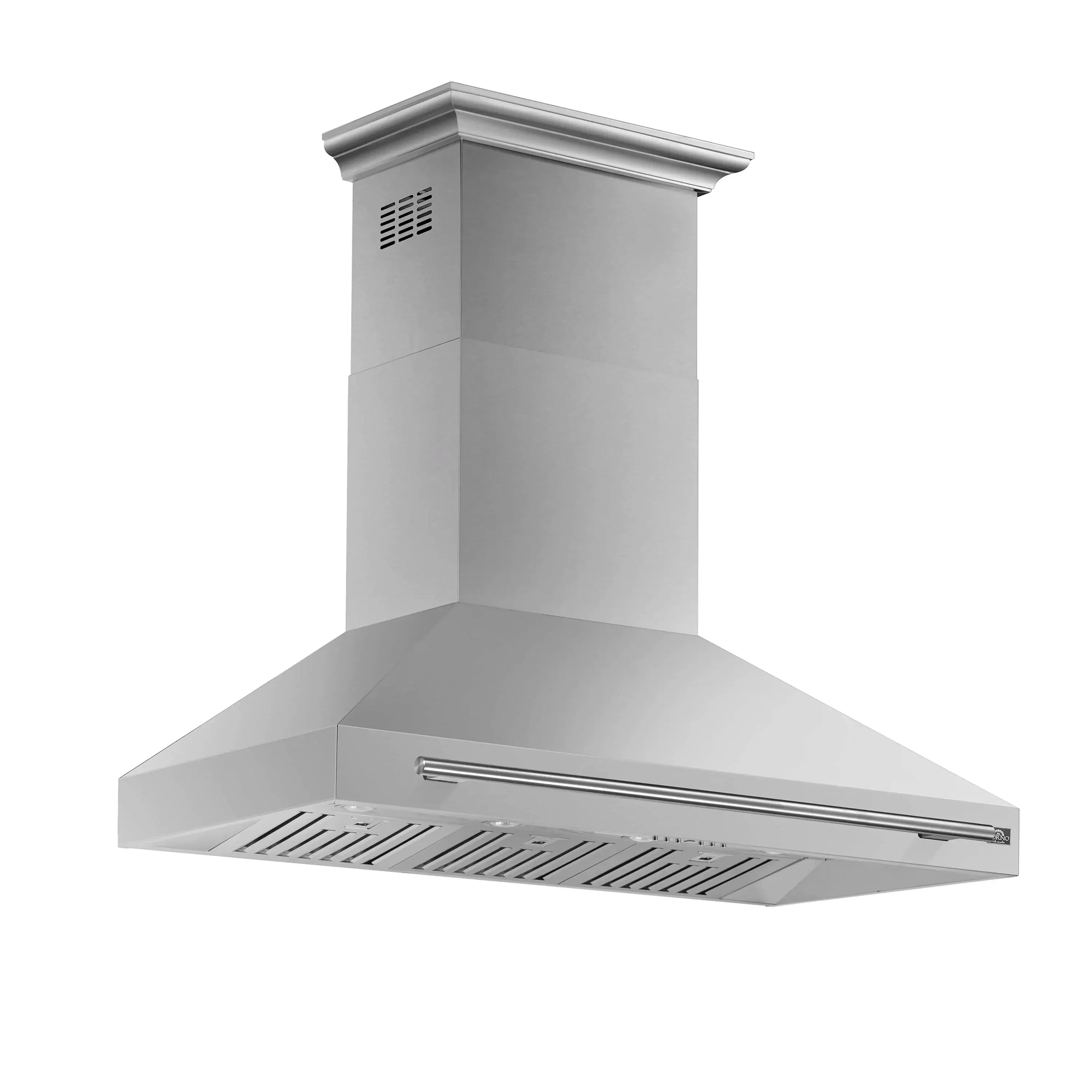 Stainless wall-mount range hood with broad vent hood and chimney top