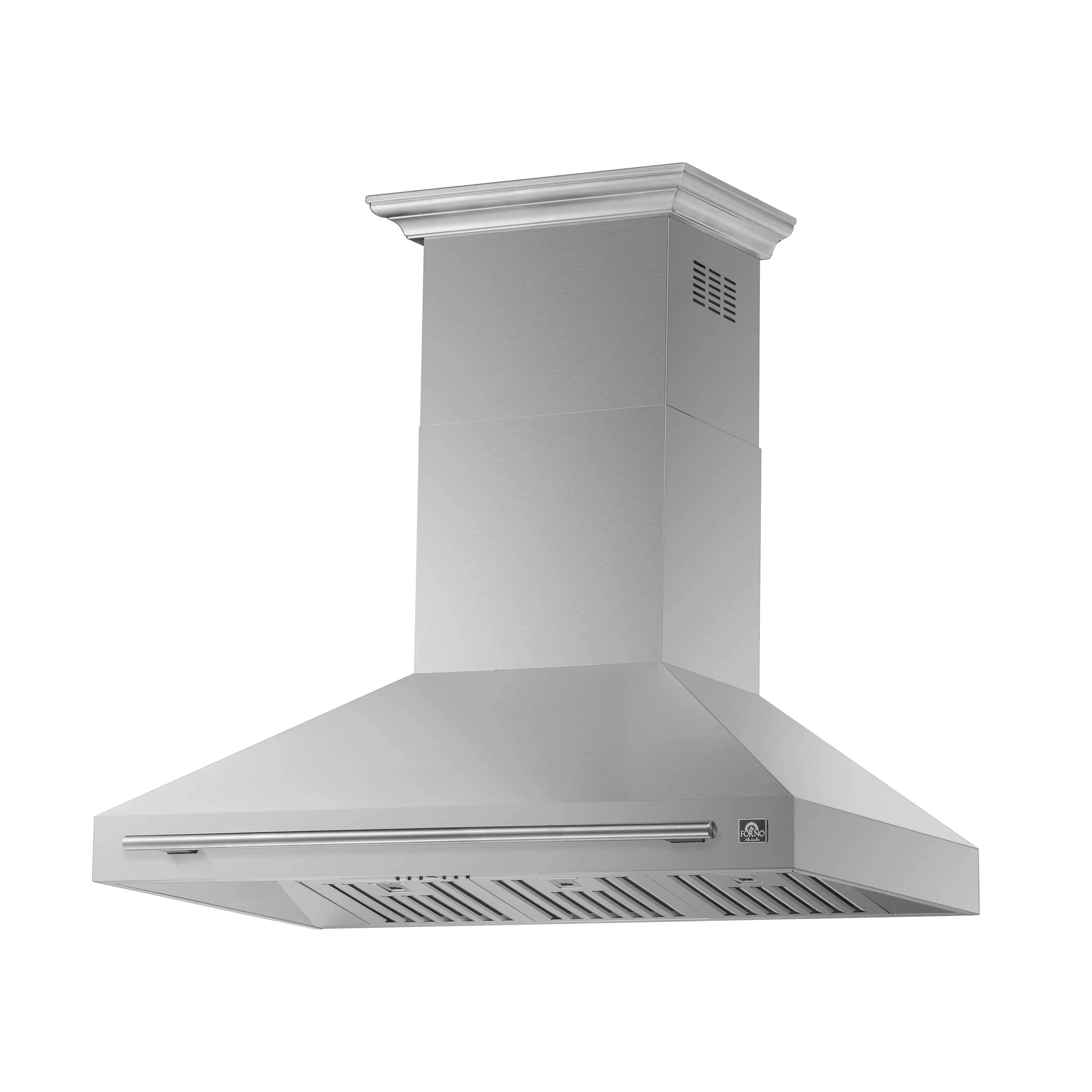 Wall-mount stainless steel range hood with front vent grille and side control panel