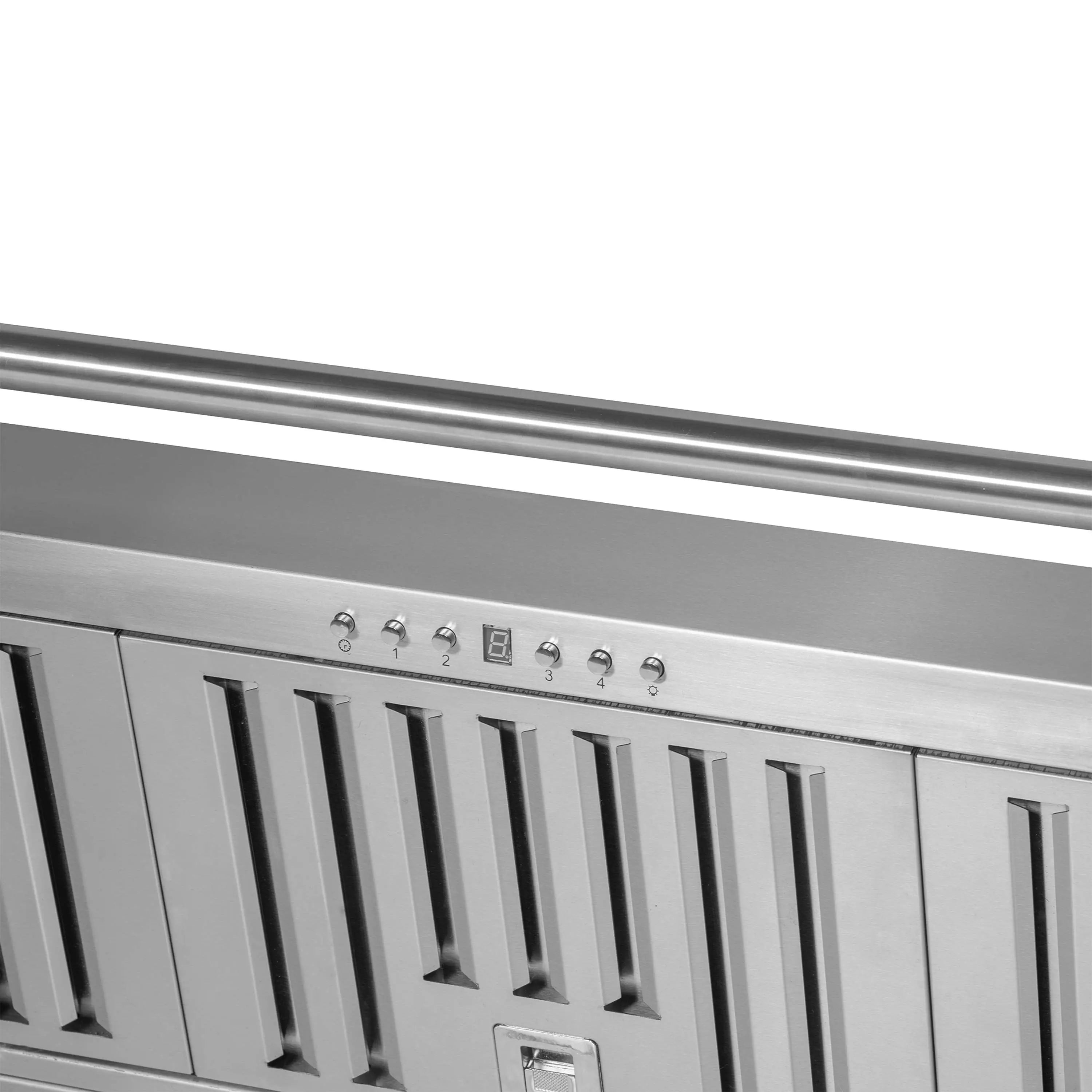 Stainless range hood control panel with illuminated button icons