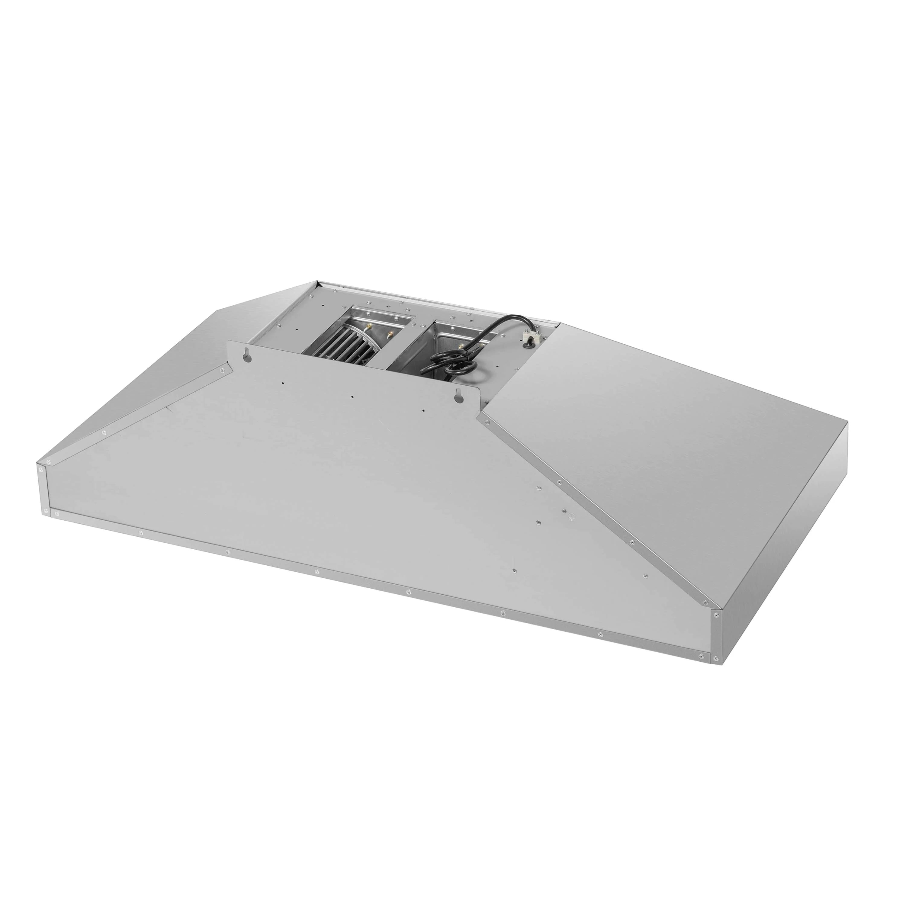 Stainless steel wall mount range hood with pull-out filter compartment open
