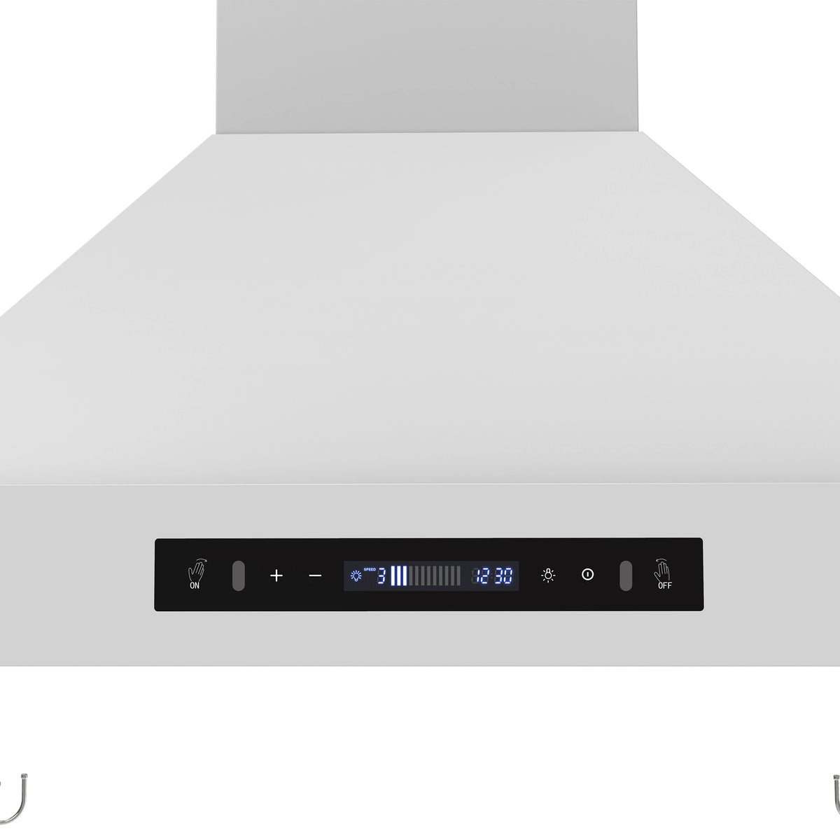 White range hood control panel with digital buttons and display