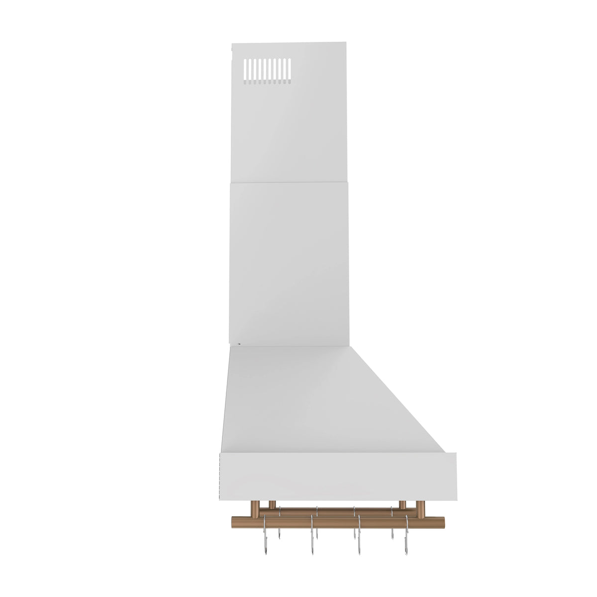 White range hood side view with vent outlet and antique brass accessory rail